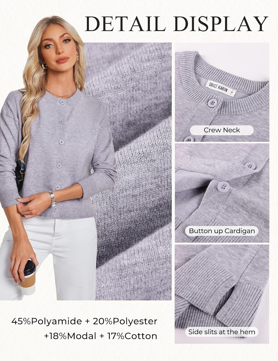 image:imageGRACE KARIN Cropped Cardigan Sweaters for Women Cotton Button up Sweater Oversized Knit Cardigans Trendy 2026Grey