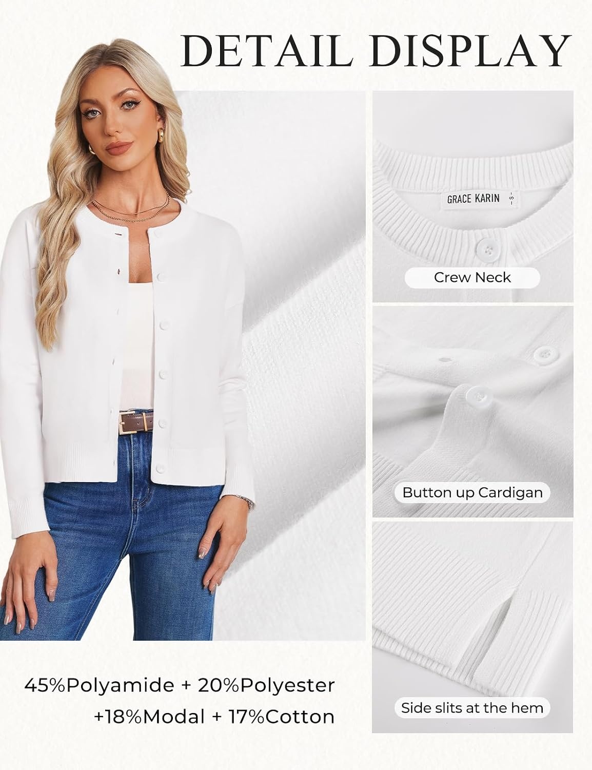 image:imageGRACE KARIN Cropped Cardigan Sweaters for Women Cotton Button up Sweater Oversized Knit Cardigans Trendy 2026Ivory