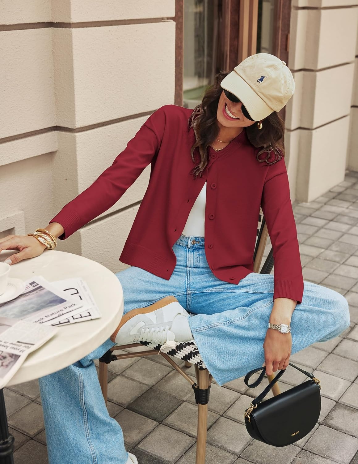 image:imageGRACE KARIN Cropped Cardigan Sweaters for Women Cotton Button up Sweater Oversized Knit Cardigans Trendy 2026Wine Red