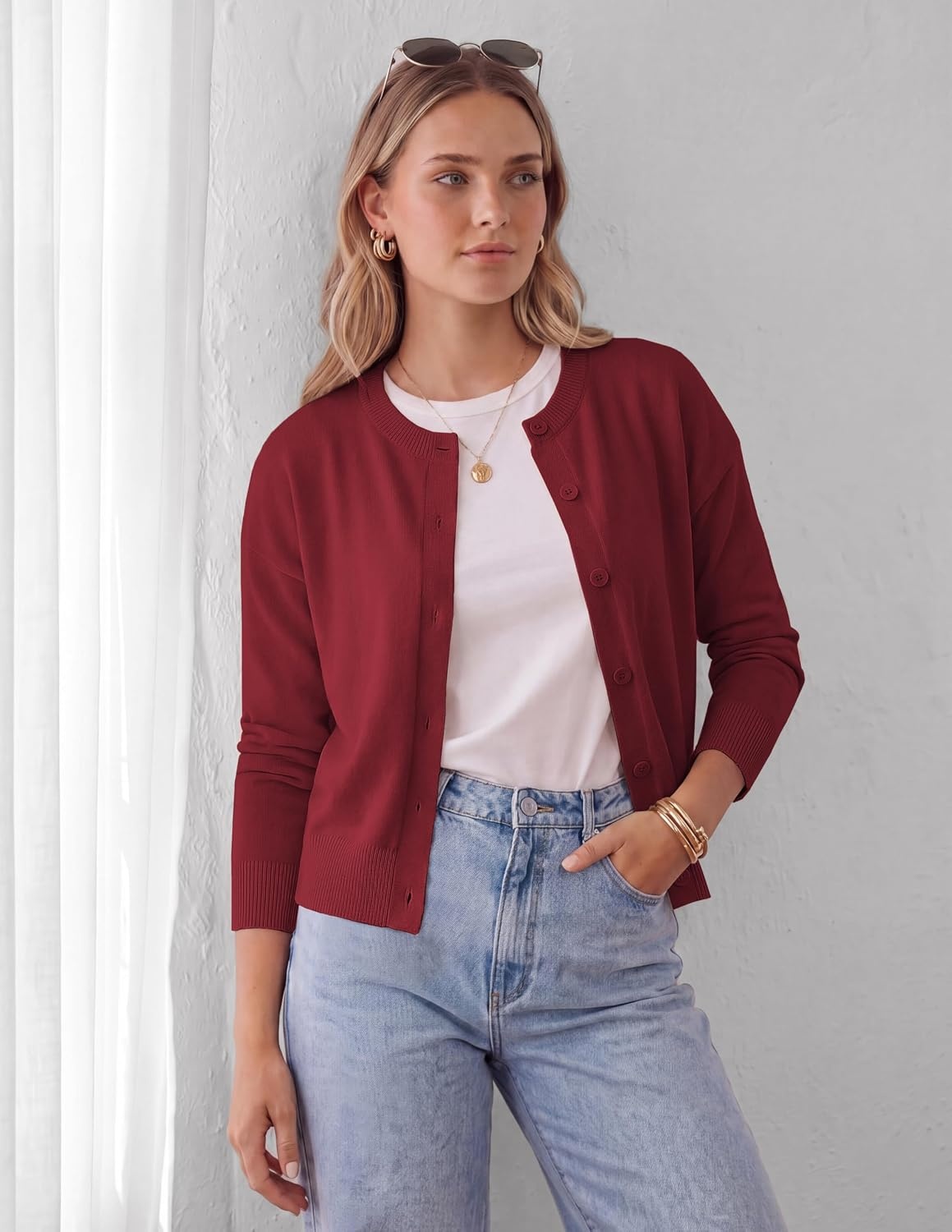 image:imageGRACE KARIN Cropped Cardigan Sweaters for Women Cotton Button up Sweater Oversized Knit Cardigans Trendy 2026Wine Red