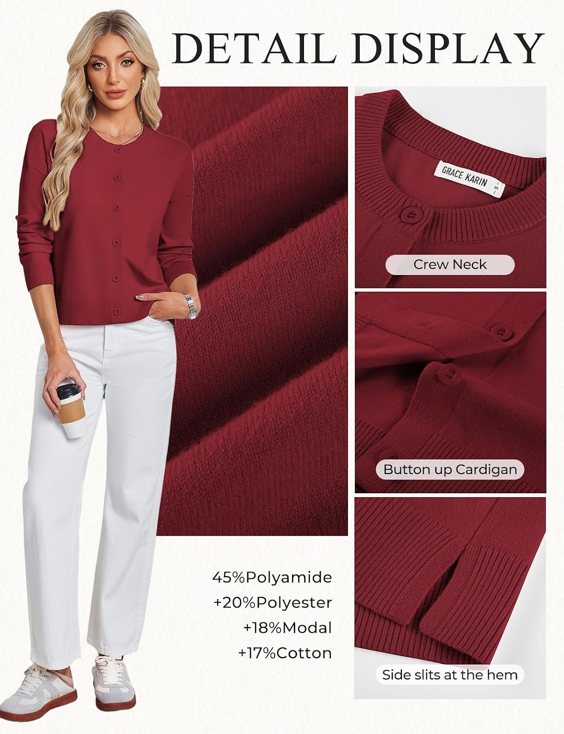 image:imageGRACE KARIN Cropped Cardigan Sweaters for Women Cotton Button up Sweater Oversized Knit Cardigans Trendy 2026Wine Red
