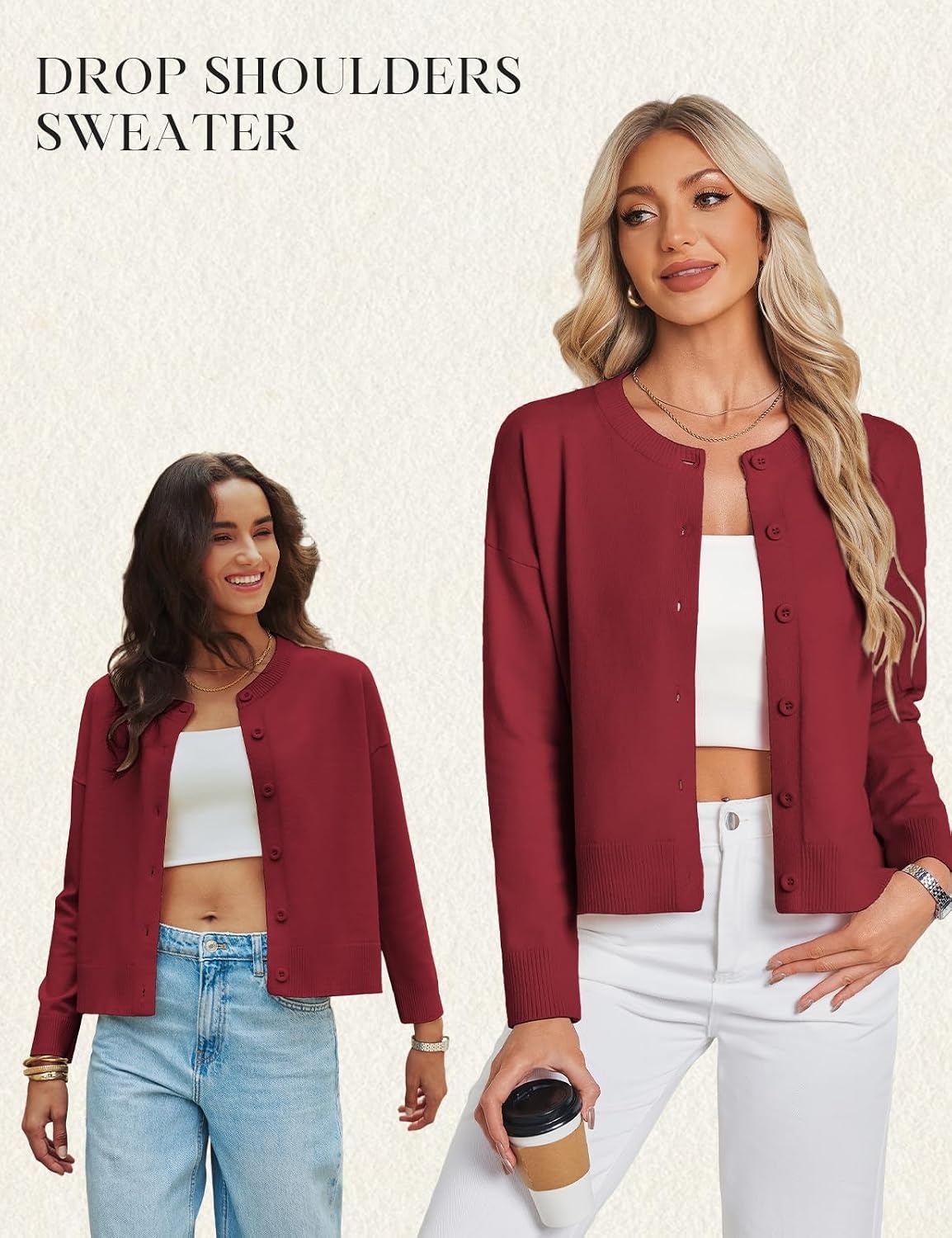 image:imageGRACE KARIN Cropped Cardigan Sweaters for Women Cotton Button up Sweater Oversized Knit Cardigans Trendy 2026Wine Red