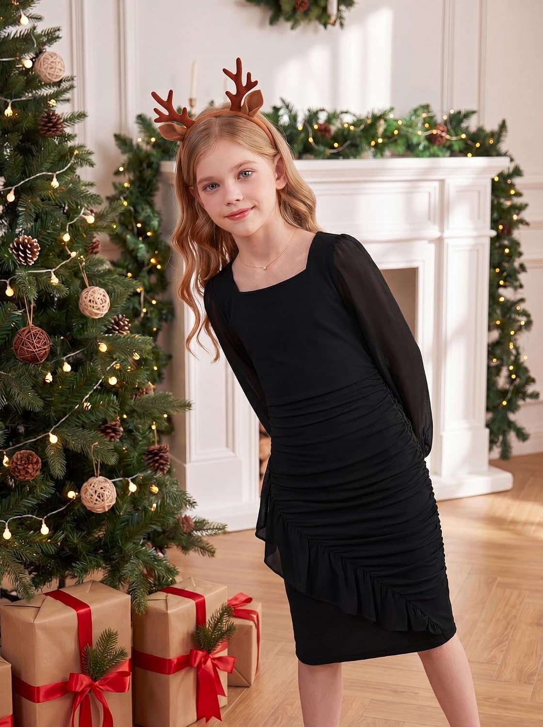 image:imageGRACE KARIN Girls Bodycon Dress Teen School Party Formal Ruffle Ruched Long Sleeve Fitted Dance Dresses for 714 YearsBlack