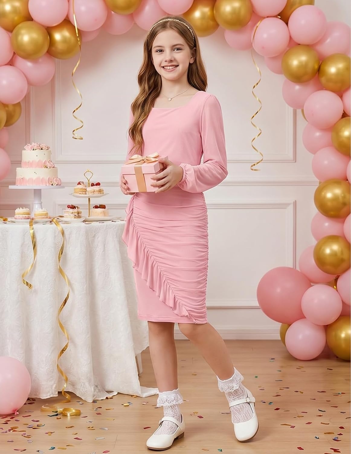 image:imageGRACE KARIN Girls Bodycon Dress Teen School Party Formal Ruffle Ruched Long Sleeve Fitted Dance Dresses for 714 YearsPink
