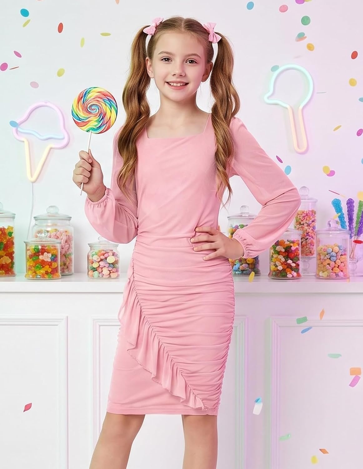 image:imageGRACE KARIN Girls Bodycon Dress Teen School Party Formal Ruffle Ruched Long Sleeve Fitted Dance Dresses for 714 YearsPink