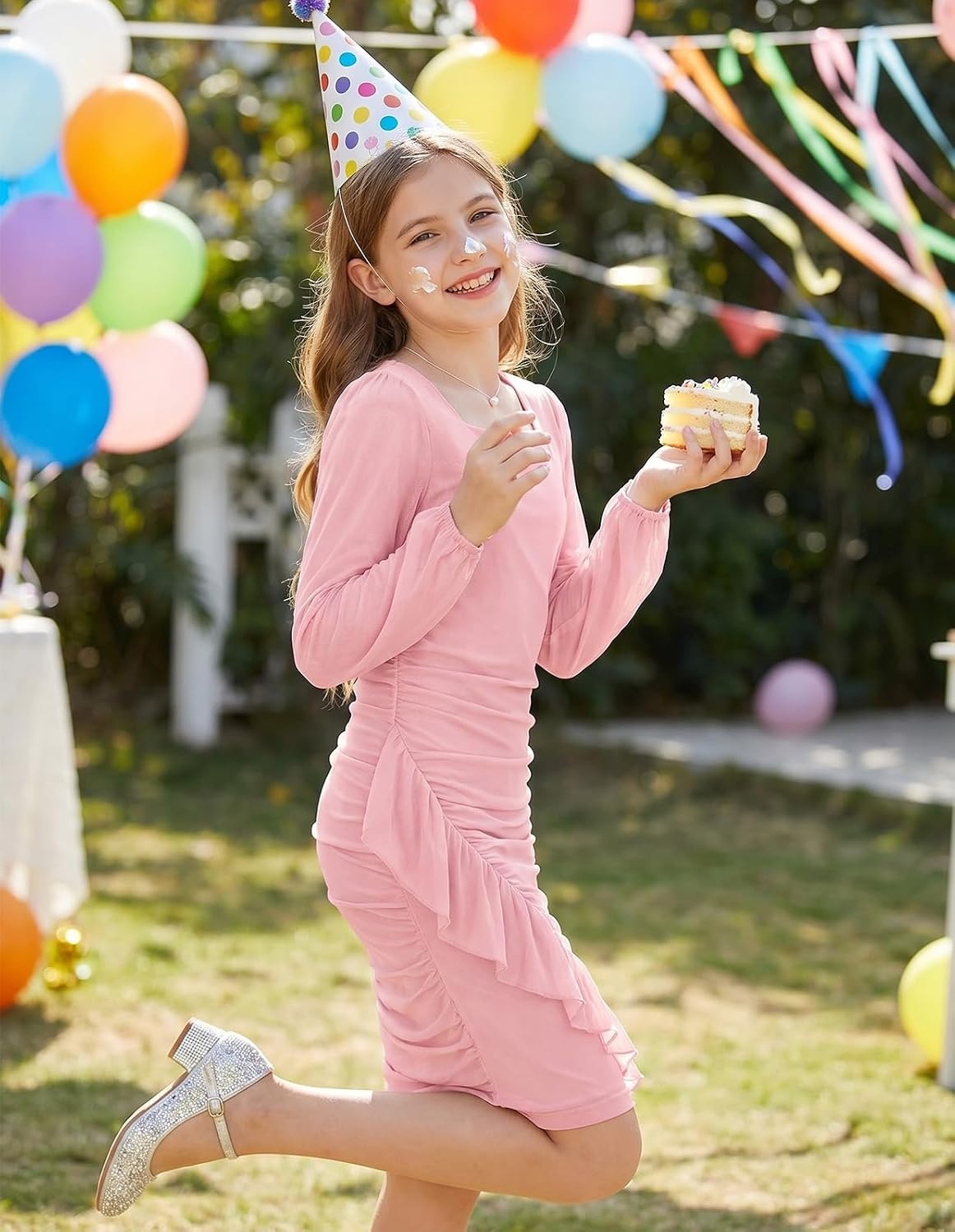 image:imageGRACE KARIN Girls Bodycon Dress Teen School Party Formal Ruffle Ruched Long Sleeve Fitted Dance Dresses for 714 YearsPink