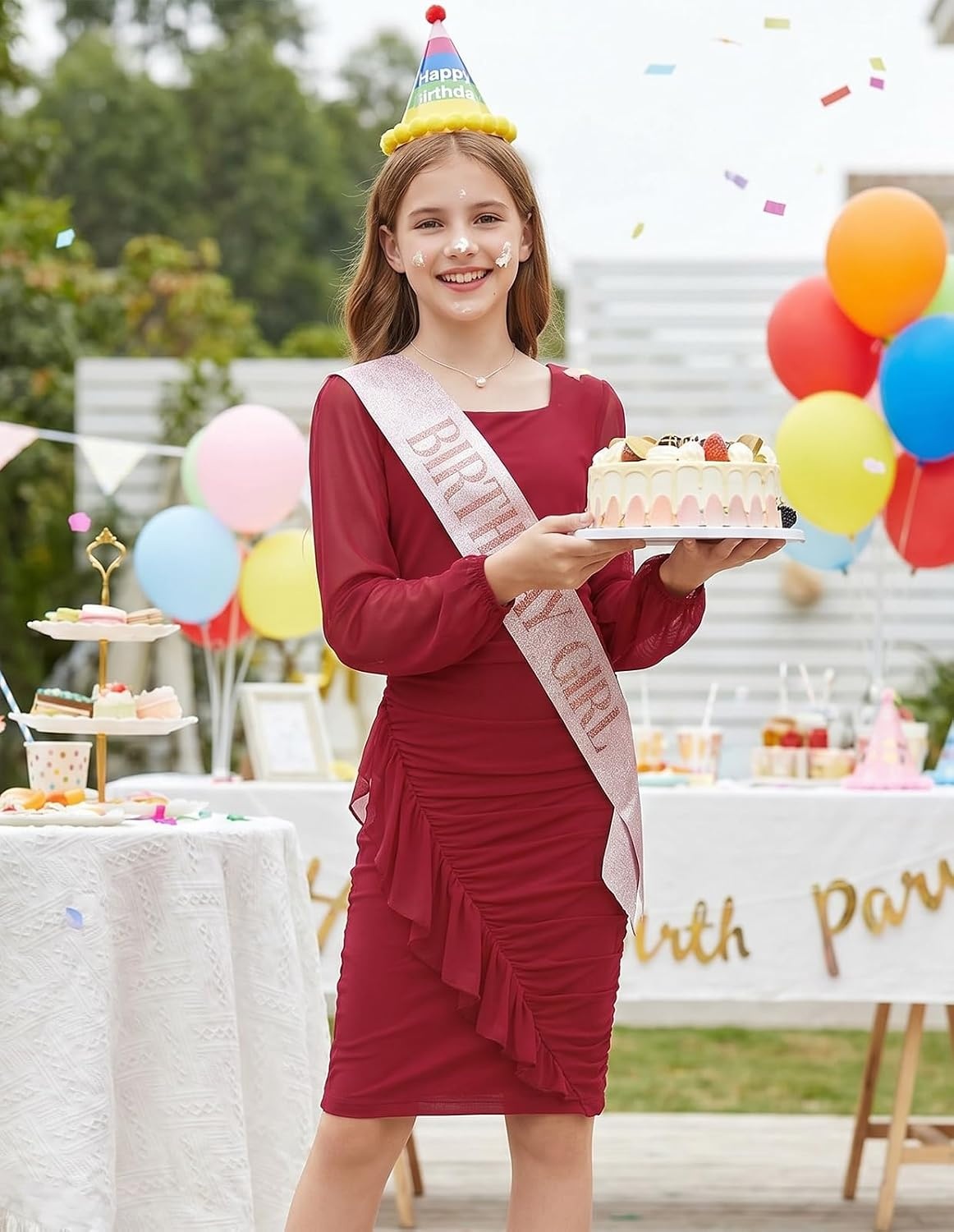 image:imageGRACE KARIN Girls Bodycon Dress Teen School Party Formal Ruffle Ruched Long Sleeve Fitted Dance Dresses for 714 YearsWine Red