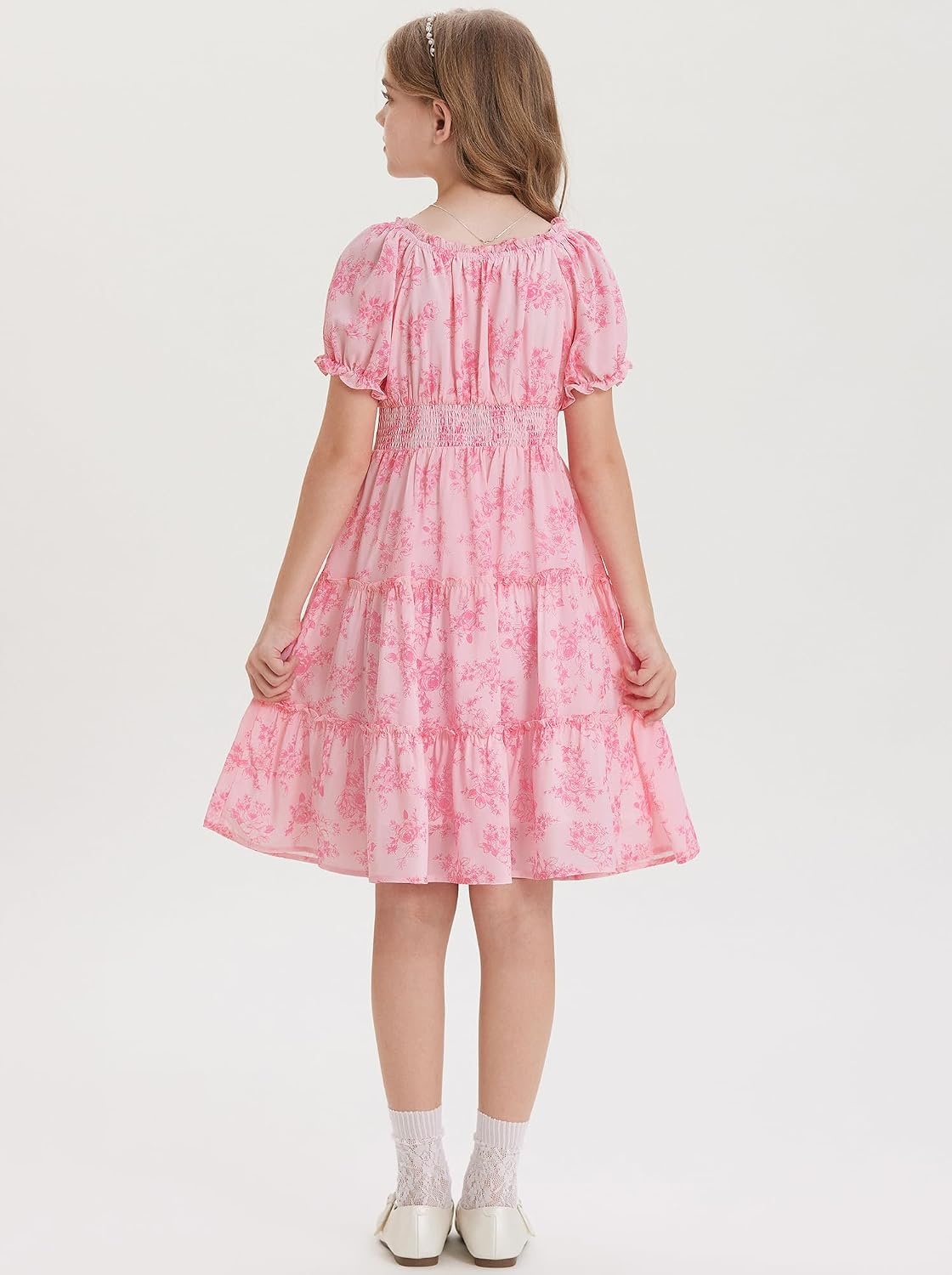 image:imageGRACE KARIN Girls Summer Floral Dresses Puff Sleeve Princess Dress 614Y Square Neck Party Dress Graduation Birthday Wedding Beach Smocked Back Tiered Skirt Woven Lined for Tween Teen GirlPink Floral