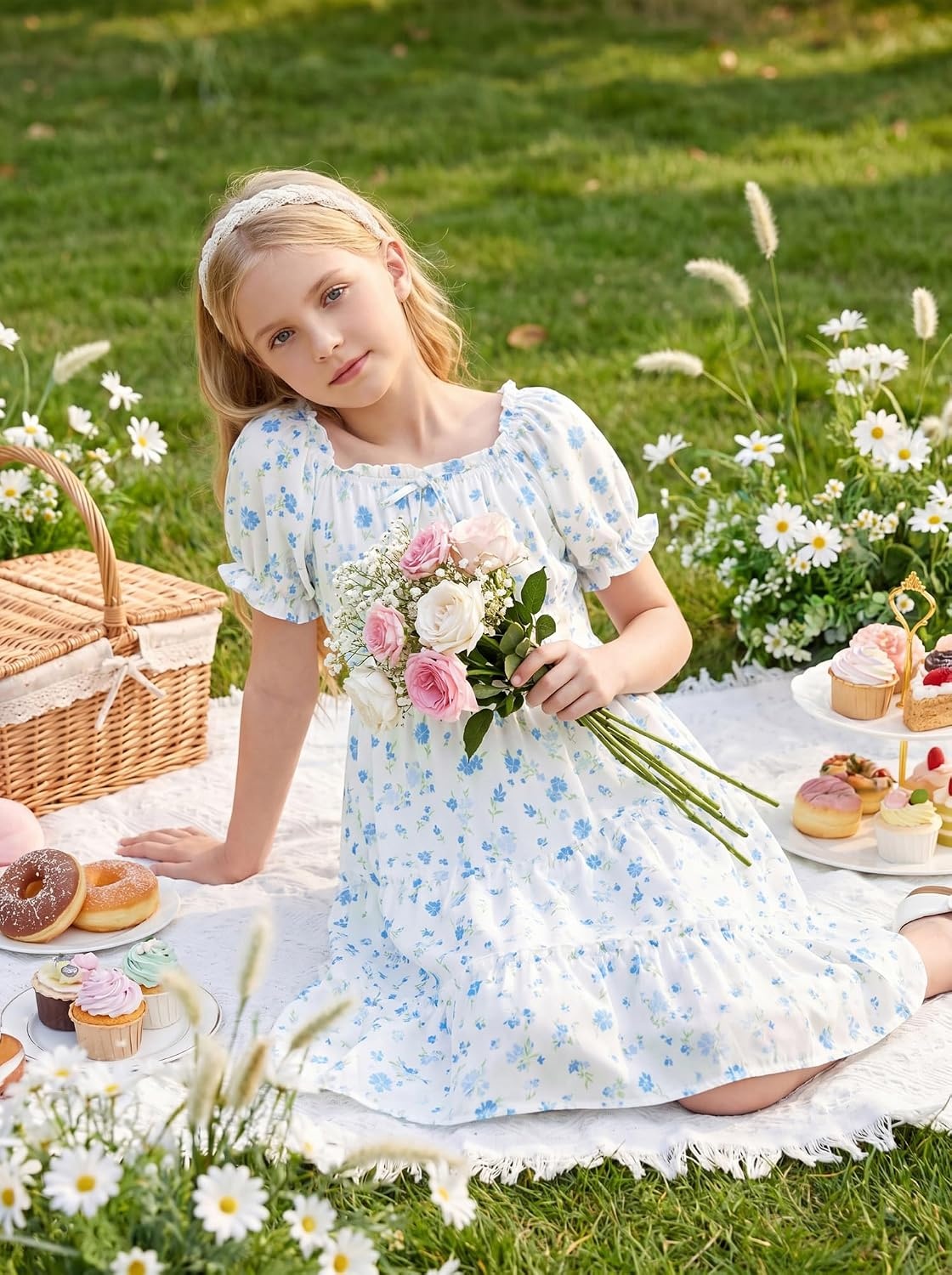 image:imageGRACE KARIN Girls Summer Floral Dresses Puff Sleeve Princess Dress 614Y Square Neck Party Dress Graduation Birthday Wedding Beach Smocked Back Tiered Skirt Woven Lined for Tween Teen GirlBlue Floral