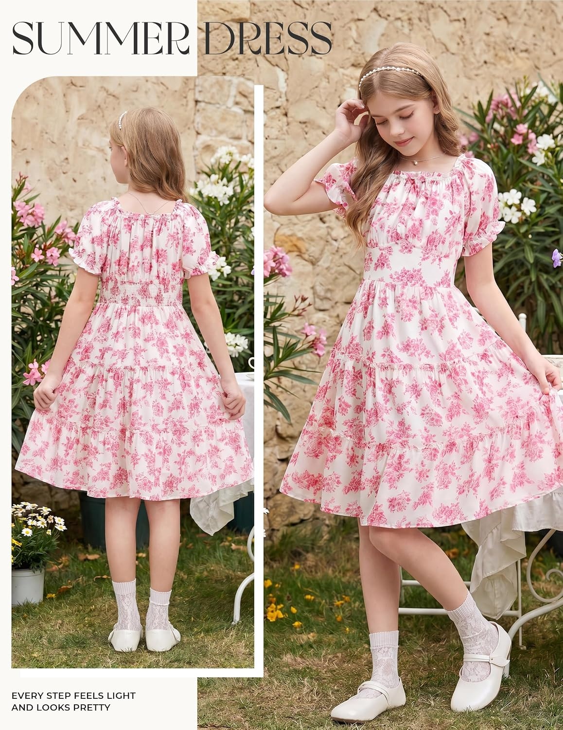 image:imageGRACE KARIN Girls Summer Floral Dresses Puff Sleeve Princess Dress 614Y Square Neck Party Dress Graduation Birthday Wedding Beach Smocked Back Tiered Skirt Woven Lined for Tween Teen GirlHot Pink Floral