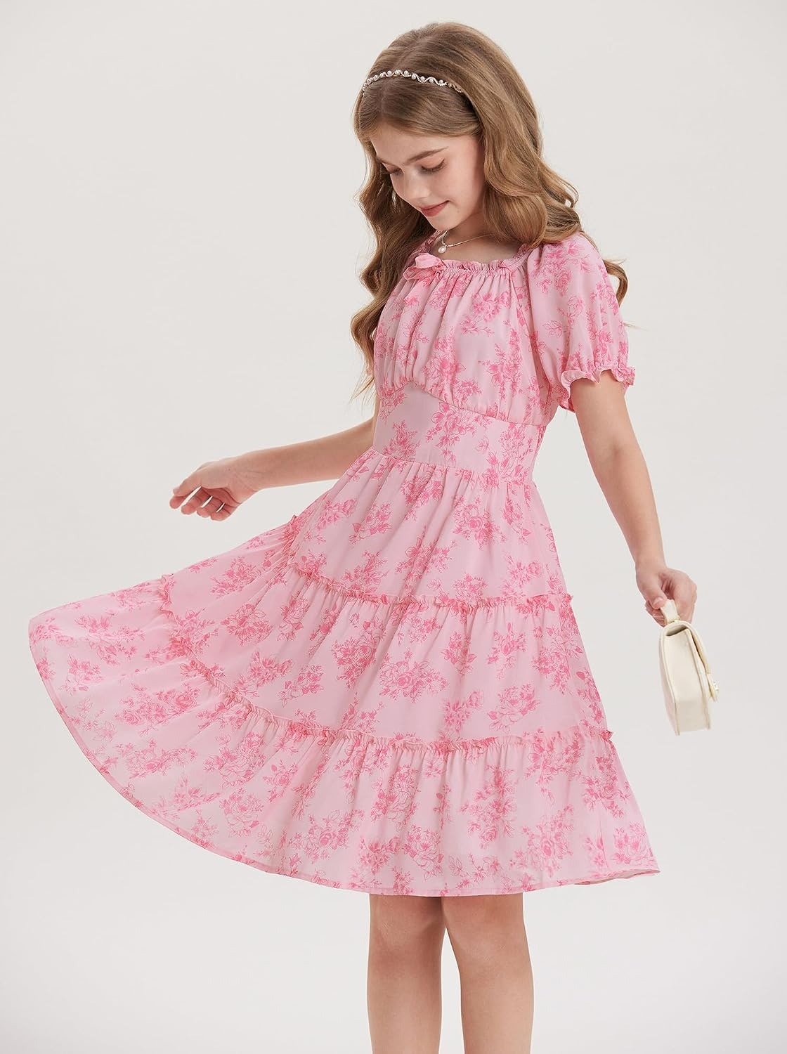 image:imageGRACE KARIN Girls Summer Floral Dresses Puff Sleeve Princess Dress 614Y Square Neck Party Dress Graduation Birthday Wedding Beach Smocked Back Tiered Skirt Woven Lined for Tween Teen GirlPink Floral