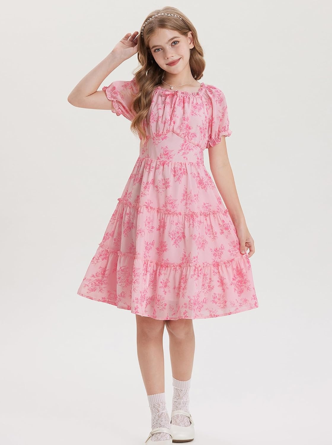 image:imageGRACE KARIN Girls Summer Floral Dresses Puff Sleeve Princess Dress 614Y Square Neck Party Dress Graduation Birthday Wedding Beach Smocked Back Tiered Skirt Woven Lined for Tween Teen GirlPink Floral