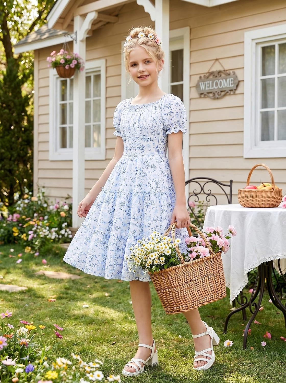 image:imageGRACE KARIN Girls Summer Floral Dresses Puff Sleeve Princess Dress 614Y Square Neck Party Dress Graduation Birthday Wedding Beach Smocked Back Tiered Skirt Woven Lined for Tween Teen GirlBlue White Floral
