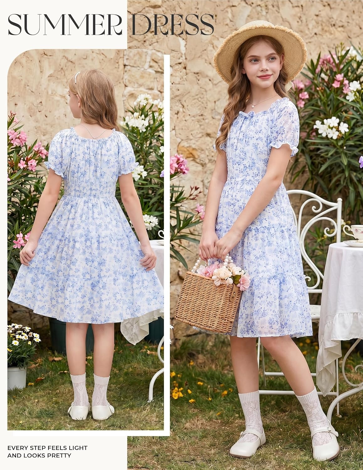 image:imageGRACE KARIN Girls Summer Floral Dresses Puff Sleeve Princess Dress 614Y Square Neck Party Dress Graduation Birthday Wedding Beach Smocked Back Tiered Skirt Woven Lined for Tween Teen GirlBlue White Floral