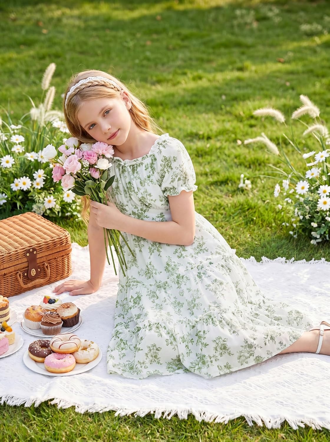image:imageGRACE KARIN Girls Summer Floral Dresses Puff Sleeve Princess Dress 614Y Square Neck Party Dress Graduation Birthday Wedding Beach Smocked Back Tiered Skirt Woven Lined for Tween Teen GirlSage Green Floral