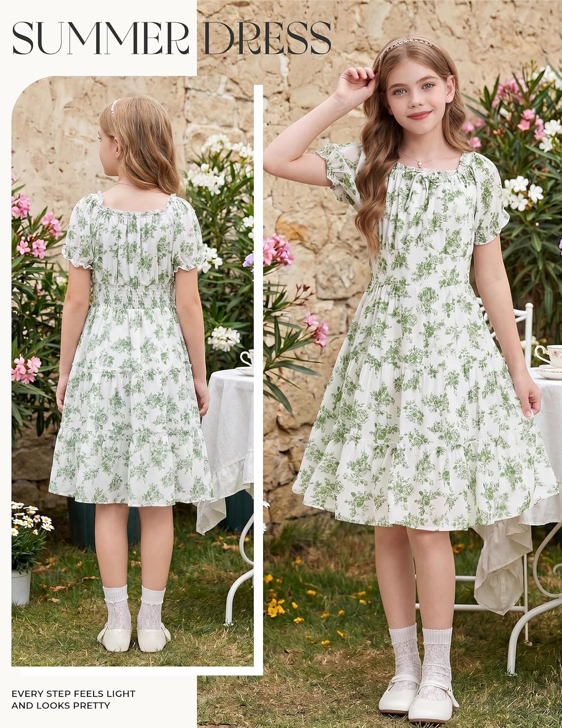 image:imageGRACE KARIN Girls Summer Floral Dresses Puff Sleeve Princess Dress 614Y Square Neck Party Dress Graduation Birthday Wedding Beach Smocked Back Tiered Skirt Woven Lined for Tween Teen GirlSage Green Floral