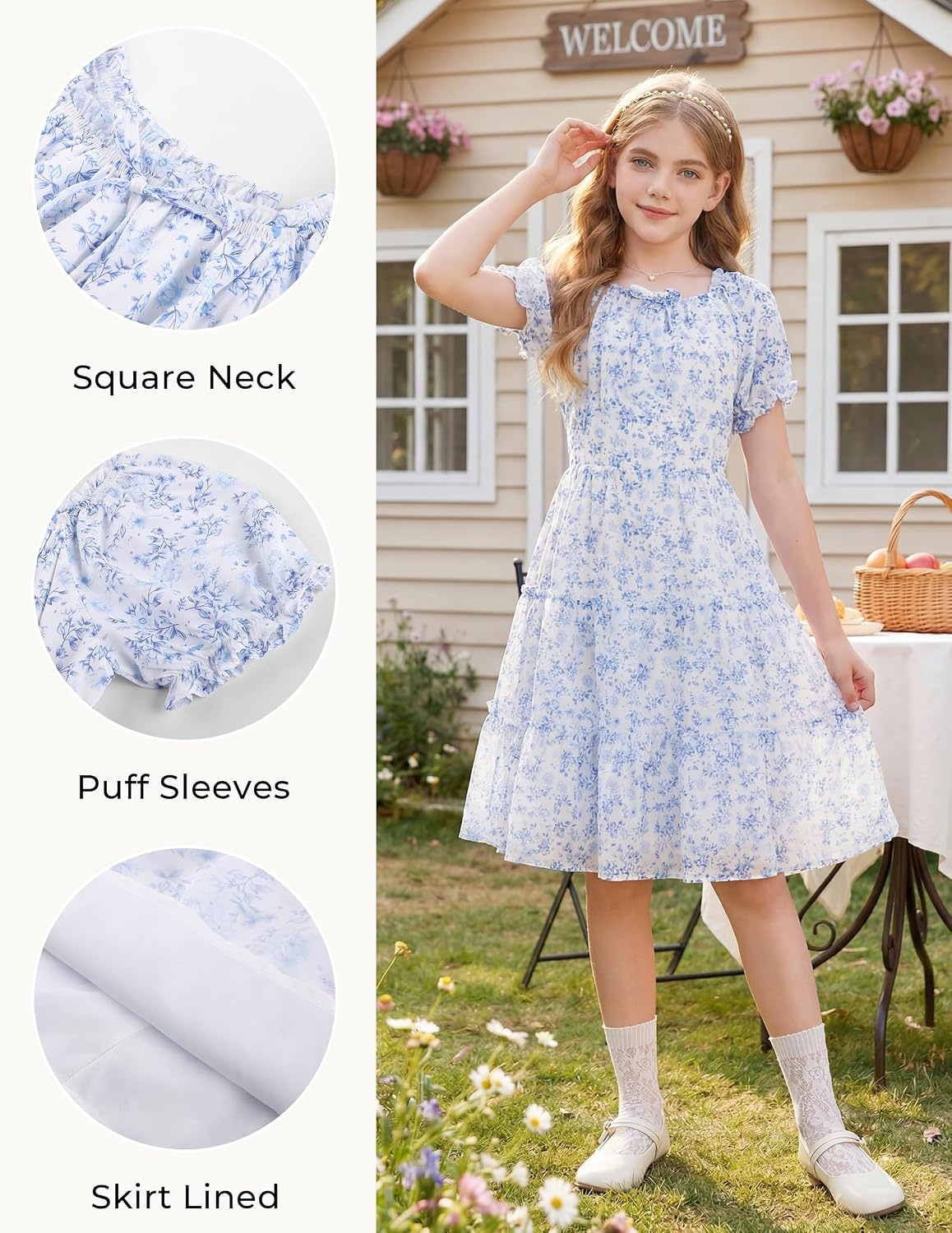 image:imageGRACE KARIN Girls Summer Floral Dresses Puff Sleeve Princess Dress 614Y Square Neck Party Dress Graduation Birthday Wedding Beach Smocked Back Tiered Skirt Woven Lined for Tween Teen GirlBlue White Floral