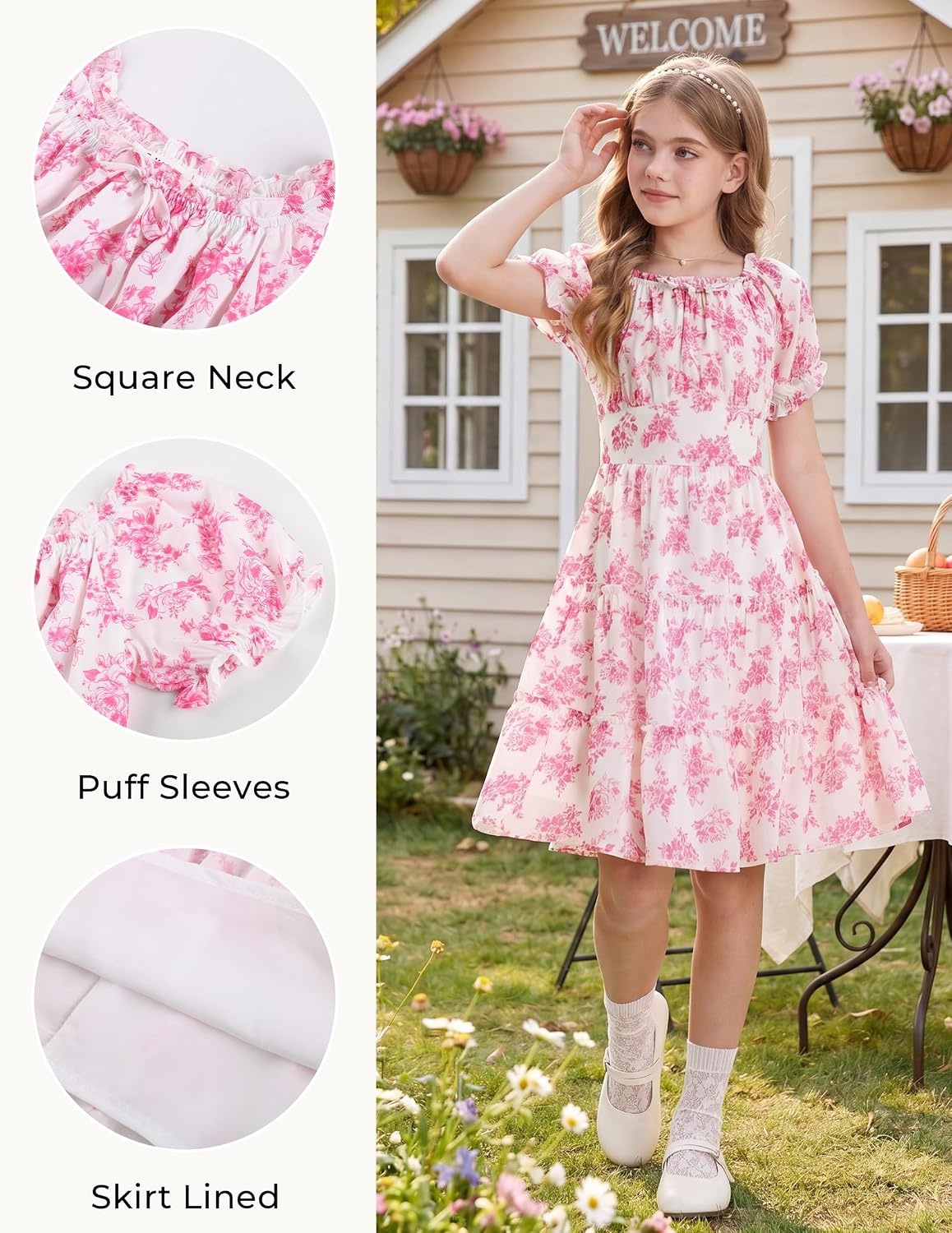 image:imageGRACE KARIN Girls Summer Floral Dresses Puff Sleeve Princess Dress 614Y Square Neck Party Dress Graduation Birthday Wedding Beach Smocked Back Tiered Skirt Woven Lined for Tween Teen GirlHot Pink Floral
