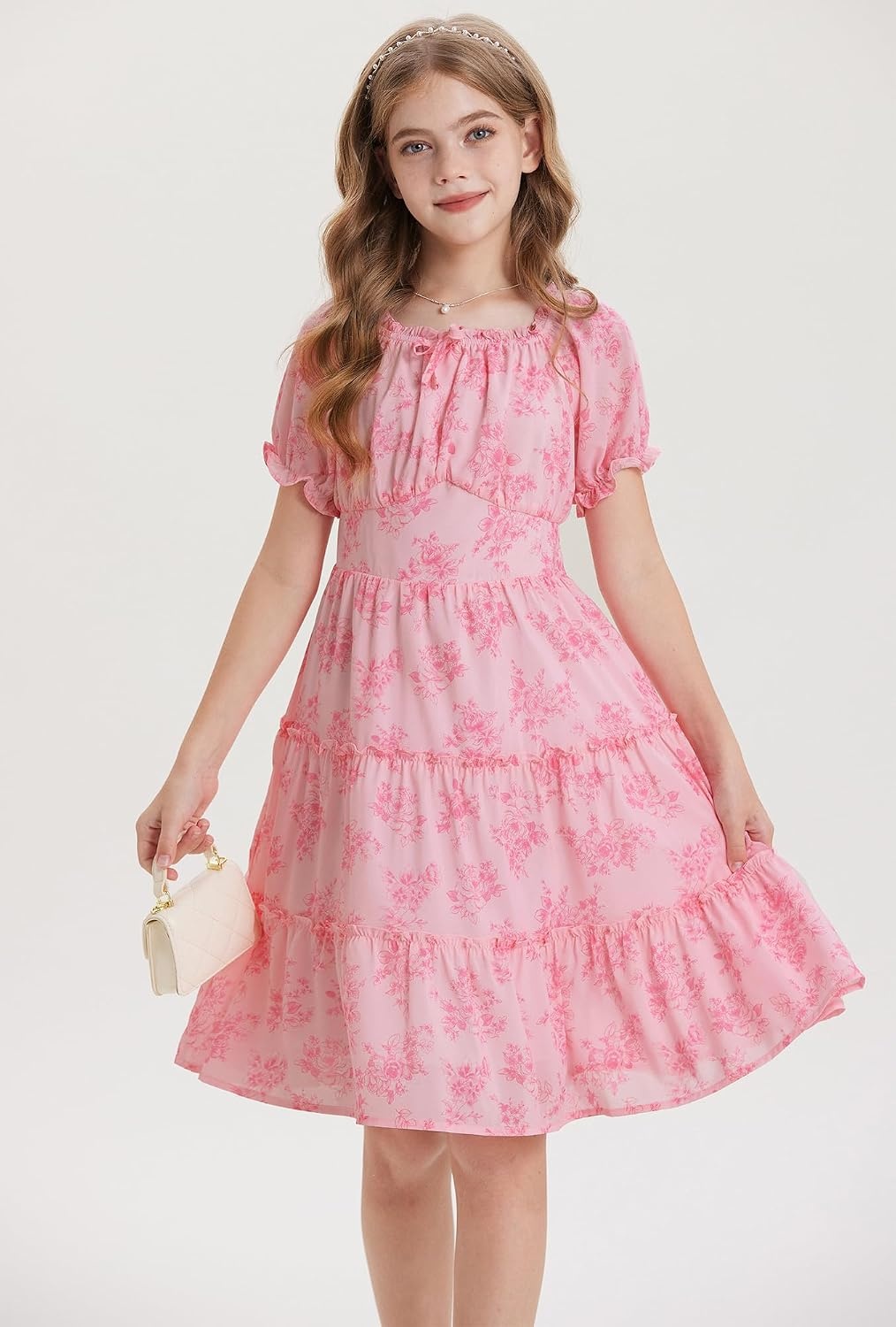 image:imageGRACE KARIN Girls Summer Floral Dresses Puff Sleeve Princess Dress 614Y Square Neck Party Dress Graduation Birthday Wedding Beach Smocked Back Tiered Skirt Woven Lined for Tween Teen GirlPink Floral