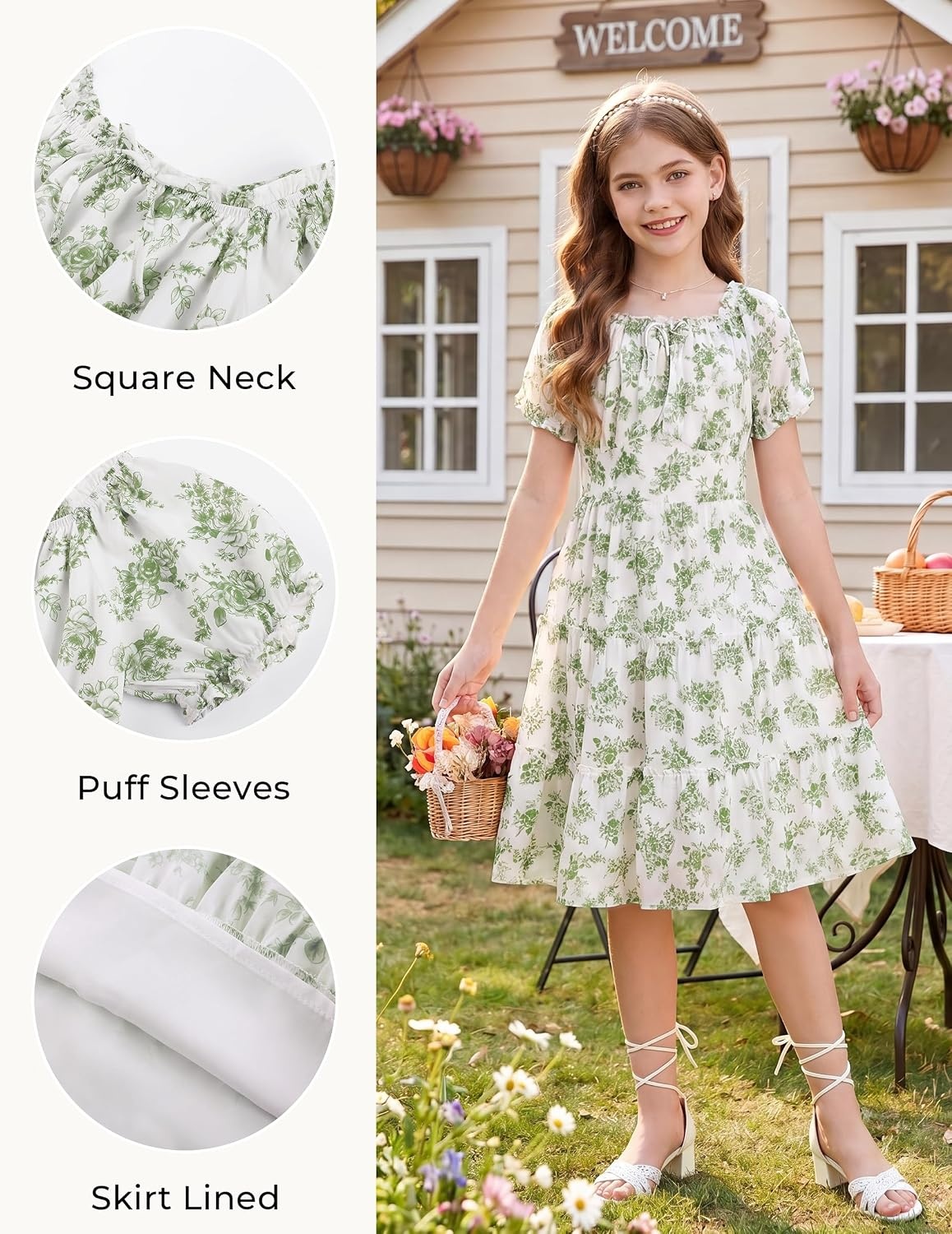 image:imageGRACE KARIN Girls Summer Floral Dresses Puff Sleeve Princess Dress 614Y Square Neck Party Dress Graduation Birthday Wedding Beach Smocked Back Tiered Skirt Woven Lined for Tween Teen GirlSage Green Floral