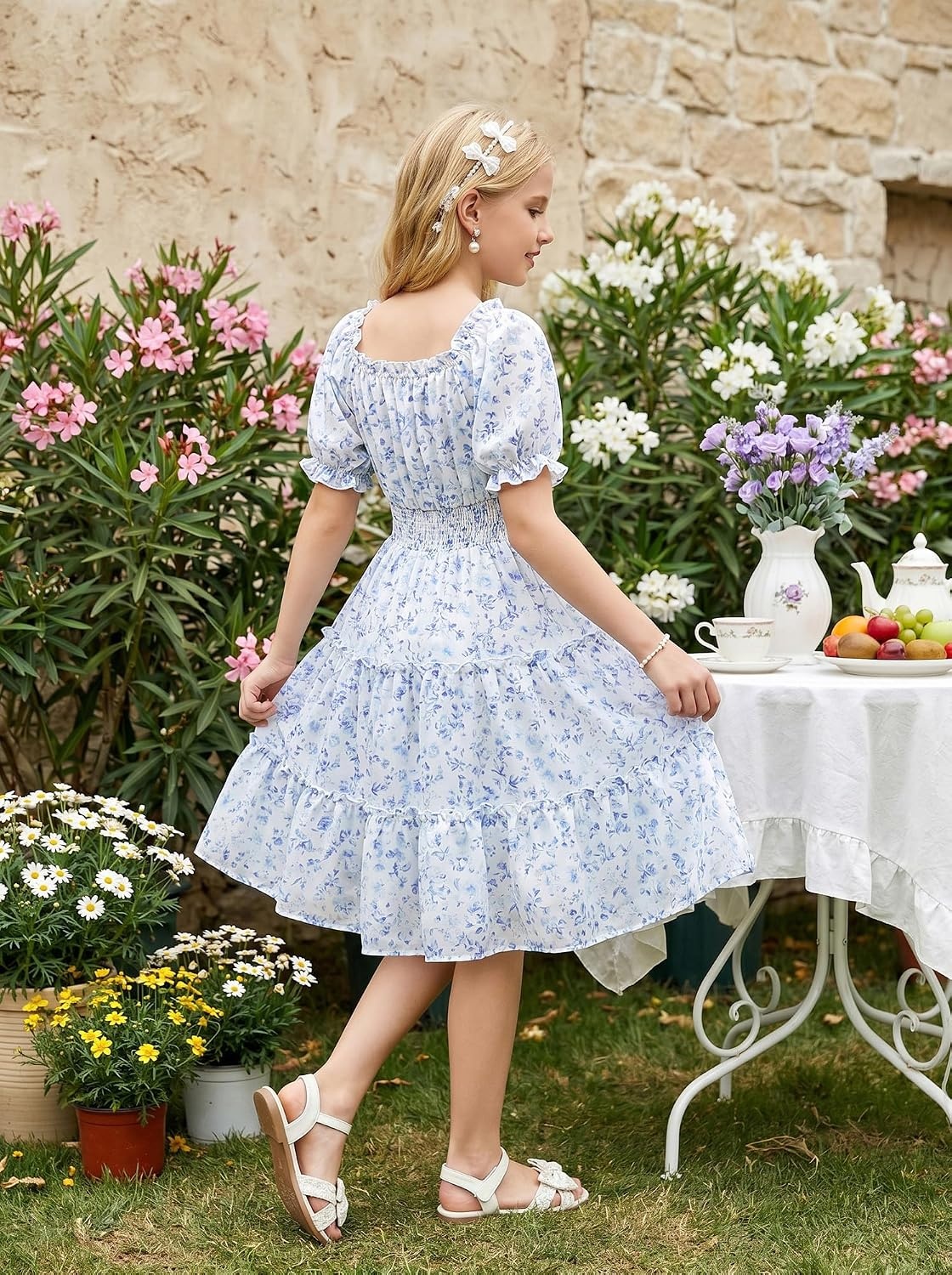 image:imageGRACE KARIN Girls Summer Floral Dresses Puff Sleeve Princess Dress 614Y Square Neck Party Dress Graduation Birthday Wedding Beach Smocked Back Tiered Skirt Woven Lined for Tween Teen GirlBlue White Floral