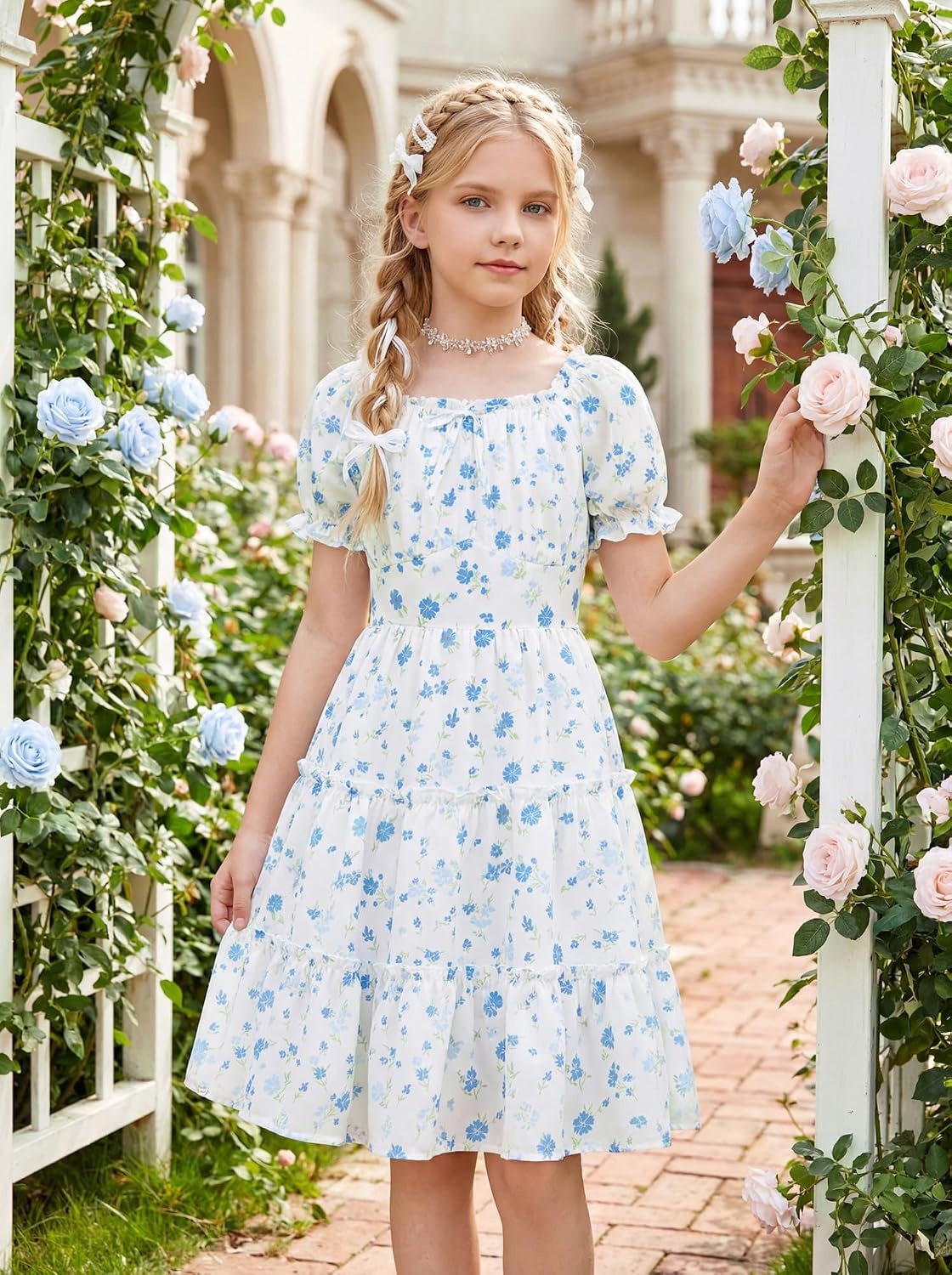 image:imageGRACE KARIN Girls Summer Floral Dresses Puff Sleeve Princess Dress 614Y Square Neck Party Dress Graduation Birthday Wedding Beach Smocked Back Tiered Skirt Woven Lined for Tween Teen GirlBlue Floral