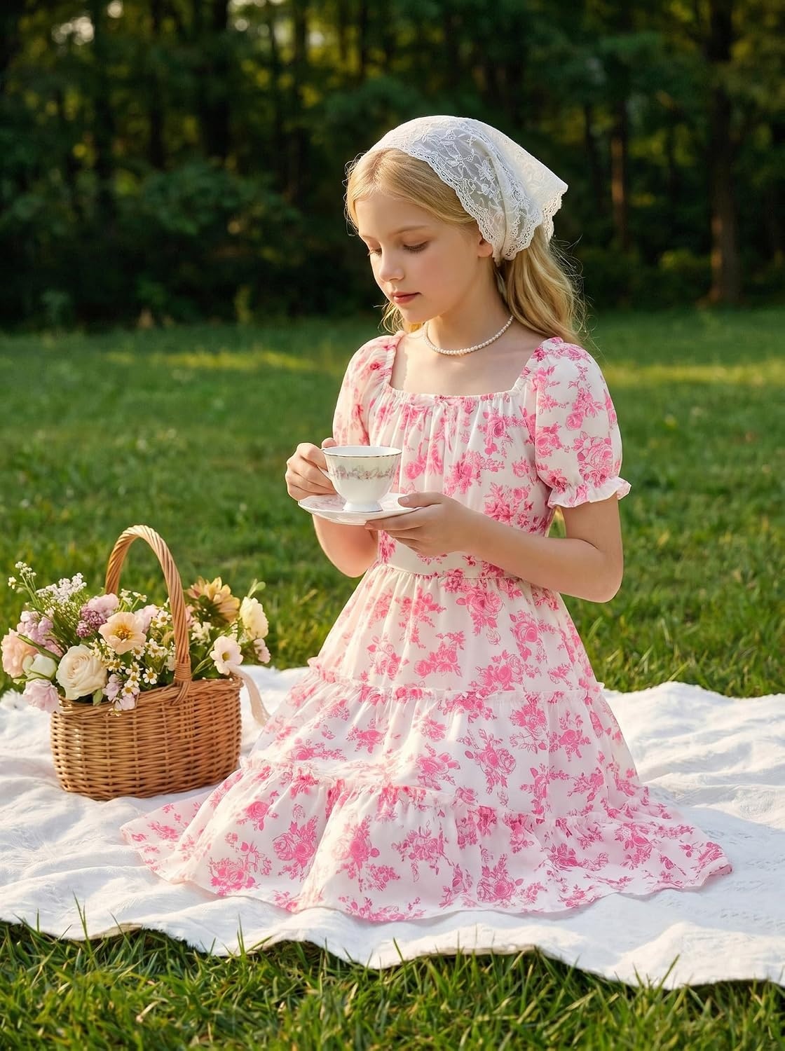 image:imageGRACE KARIN Girls Summer Floral Dresses Puff Sleeve Princess Dress 614Y Square Neck Party Dress Graduation Birthday Wedding Beach Smocked Back Tiered Skirt Woven Lined for Tween Teen GirlHot Pink Floral