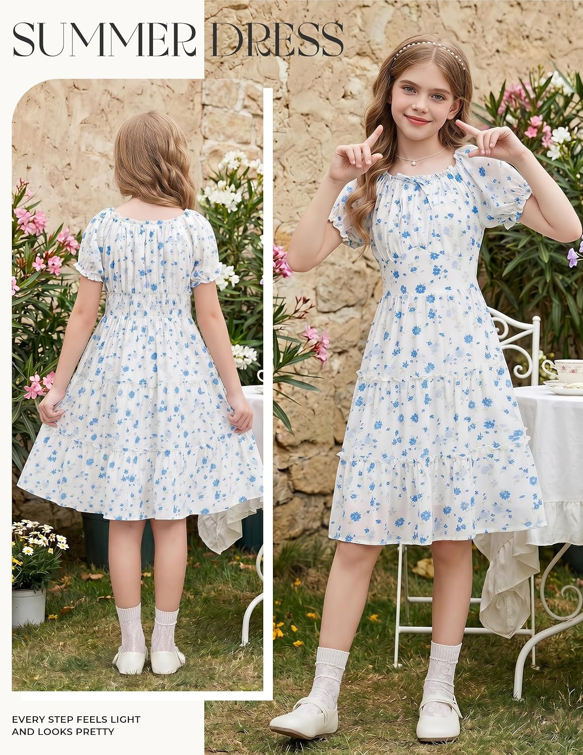 image:imageGRACE KARIN Girls Summer Floral Dresses Puff Sleeve Princess Dress 614Y Square Neck Party Dress Graduation Birthday Wedding Beach Smocked Back Tiered Skirt Woven Lined for Tween Teen GirlBlue Floral