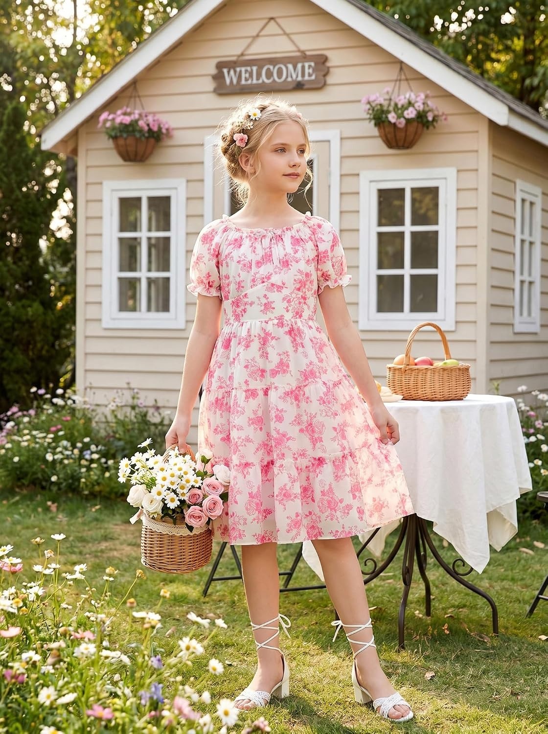 image:imageGRACE KARIN Girls Summer Floral Dresses Puff Sleeve Princess Dress 614Y Square Neck Party Dress Graduation Birthday Wedding Beach Smocked Back Tiered Skirt Woven Lined for Tween Teen GirlHot Pink Floral
