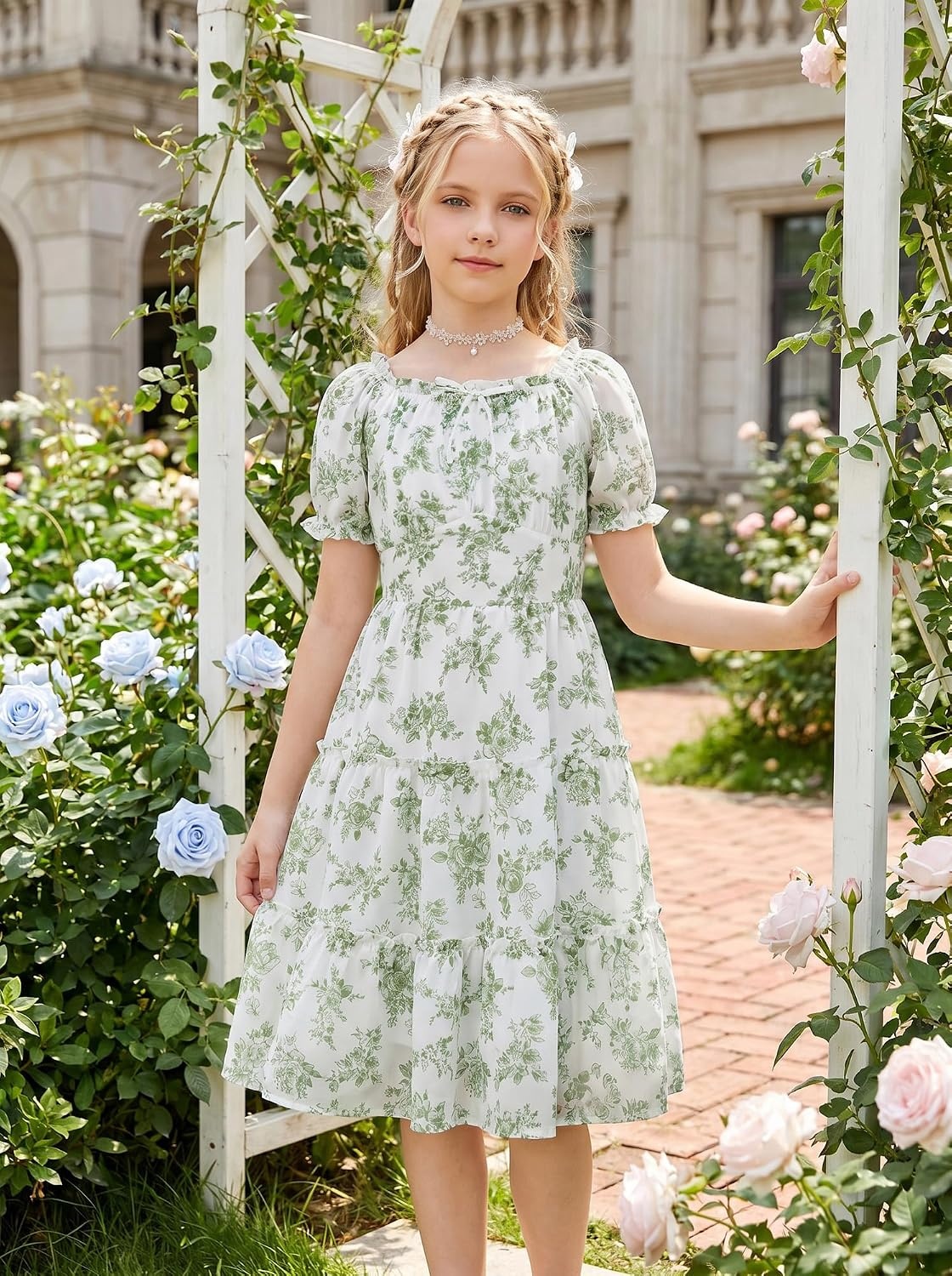 image:imageGRACE KARIN Girls Summer Floral Dresses Puff Sleeve Princess Dress 614Y Square Neck Party Dress Graduation Birthday Wedding Beach Smocked Back Tiered Skirt Woven Lined for Tween Teen GirlSage Green Floral