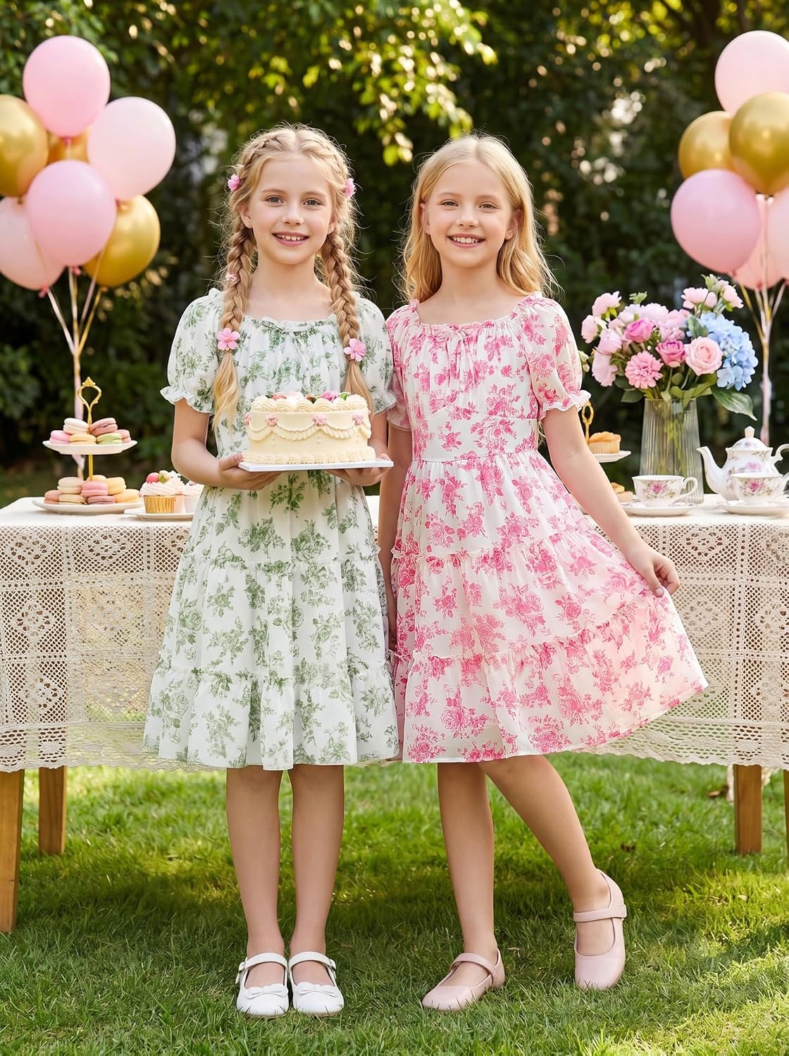 image:imageGRACE KARIN Girls Summer Floral Dresses Puff Sleeve Princess Dress 614Y Square Neck Party Dress Graduation Birthday Wedding Beach Smocked Back Tiered Skirt Woven Lined for Tween Teen GirlHot Pink Floral
