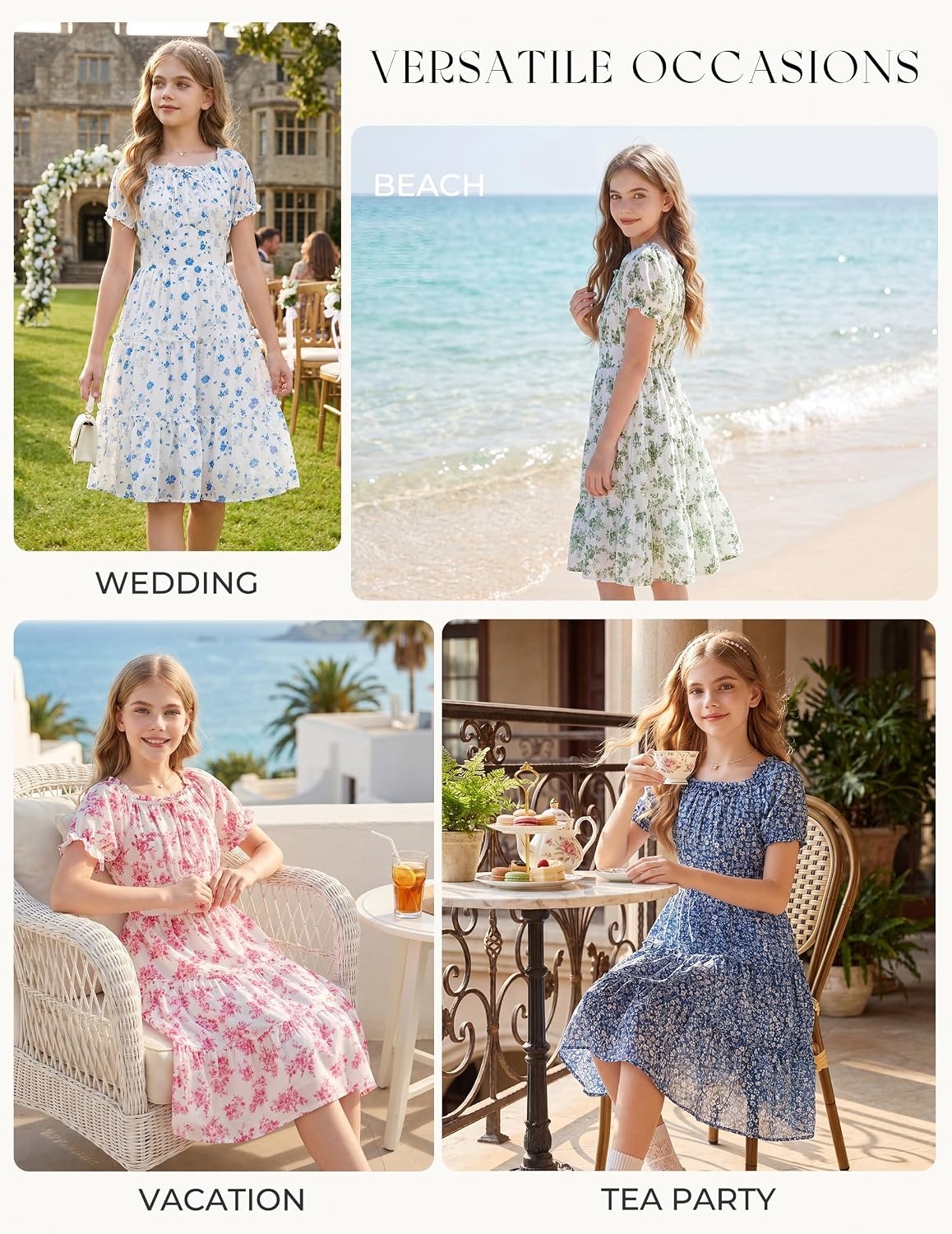 image:imageGRACE KARIN Girls Summer Floral Dresses Puff Sleeve Princess Dress 614Y Square Neck Party Dress Graduation Birthday Wedding Beach Smocked Back Tiered Skirt Woven Lined for Tween Teen GirlSage Green Floral