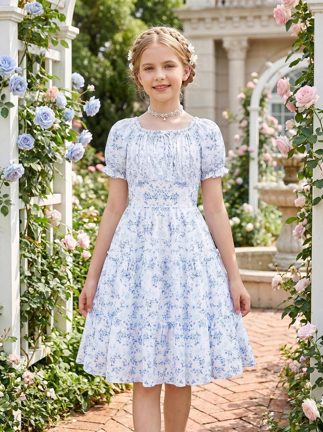 image:imageGRACE KARIN Girls Summer Floral Dresses Puff Sleeve Princess Dress 614Y Square Neck Party Dress Graduation Birthday Wedding Beach Smocked Back Tiered Skirt Woven Lined for Tween Teen GirlBlue White Floral