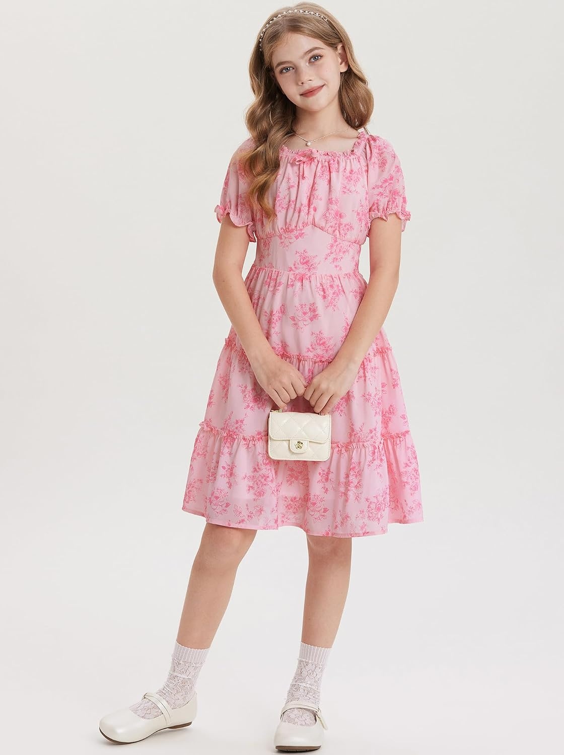 image:imageGRACE KARIN Girls Summer Floral Dresses Puff Sleeve Princess Dress 614Y Square Neck Party Dress Graduation Birthday Wedding Beach Smocked Back Tiered Skirt Woven Lined for Tween Teen GirlPink Floral