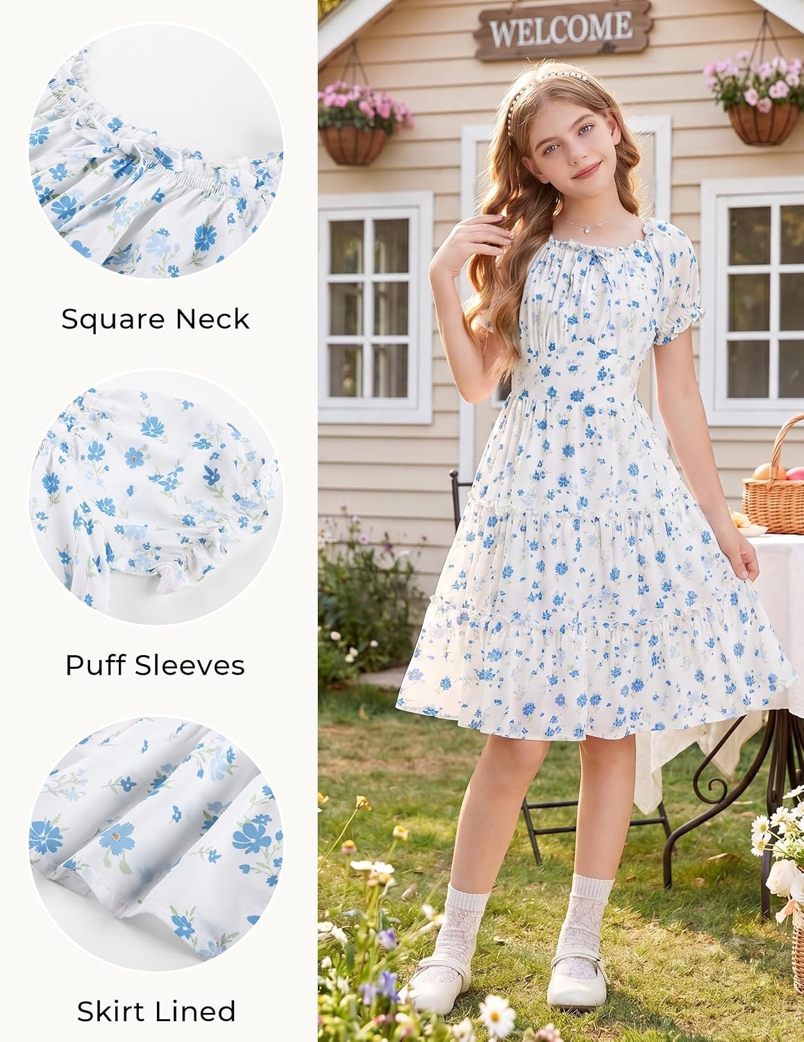 image:imageGRACE KARIN Girls Summer Floral Dresses Puff Sleeve Princess Dress 614Y Square Neck Party Dress Graduation Birthday Wedding Beach Smocked Back Tiered Skirt Woven Lined for Tween Teen GirlBlue Floral