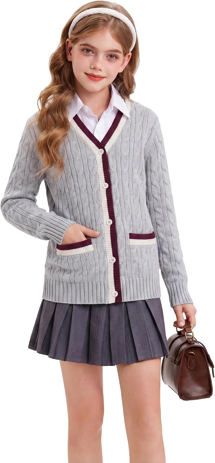 image:imageGRACE KARIN Girls Sweater Cardigan Uniform V Neck Button Knit Fall Kid Jacket Size 614Light Gray