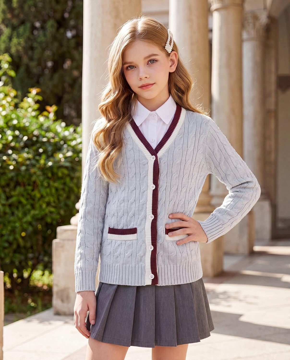 image:imageGRACE KARIN Girls Sweater Cardigan Uniform V Neck Button Knit Fall Kid Jacket Size 614Light Gray