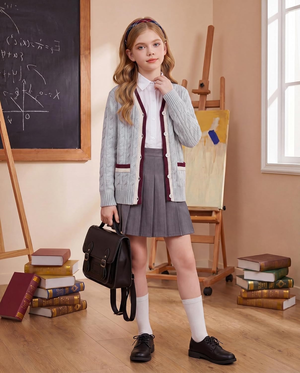 image:imageGRACE KARIN Girls Sweater Cardigan Uniform V Neck Button Knit Fall Kid Jacket Size 614Light Gray