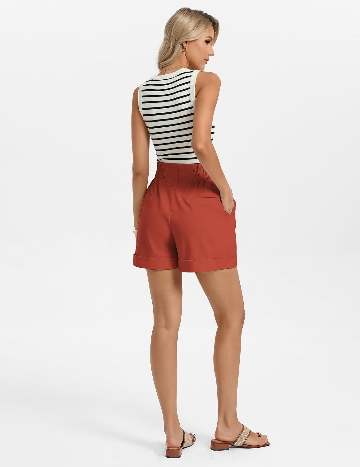 image:imageGRACE KARIN Linen Shorts for Women Summer Beach Vacation Aline Wide Leg High Waist Shorts Comfy Lounge with PocketsRedorange
