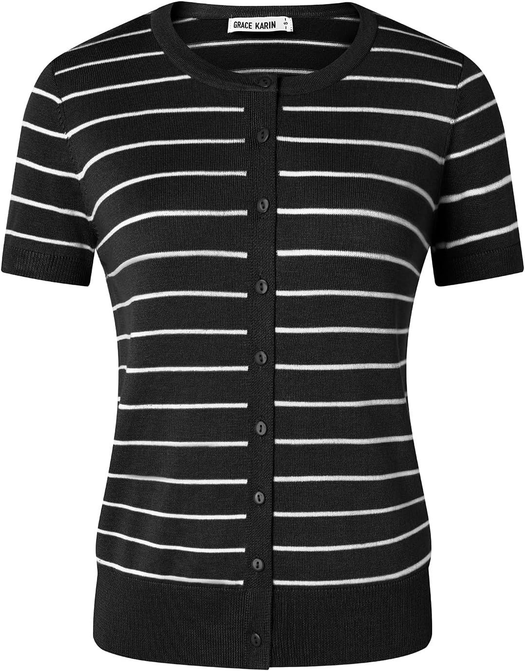 image:imageGRACE KARIN Short Sleeve Cardigan Summer Button up Sweaters for Women Lightweight Crew Neck Casual Outfits01 Black White