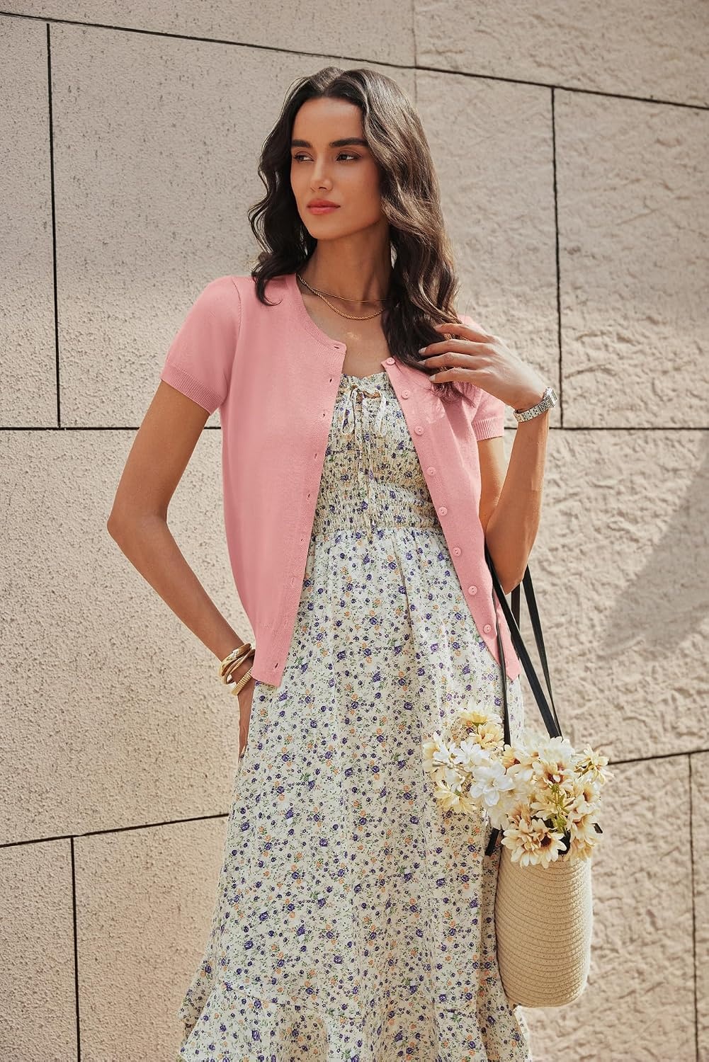 image:imageGRACE KARIN Short Sleeve Cardigan Summer Button up Sweaters for Women Lightweight Crew Neck Casual OutfitsLight Pink1
