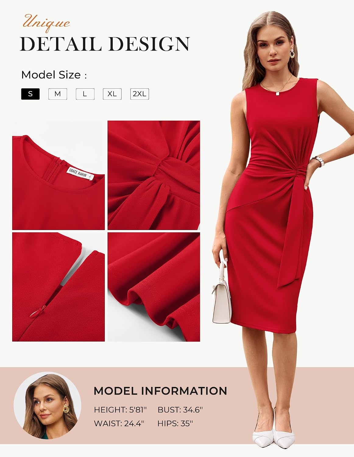 image:imageGRACE KARIN Women Bodycon Work DressChurch Pencil Business DressesSleeveless Sheath Cocktail Dresses Knee LengthBright Red
