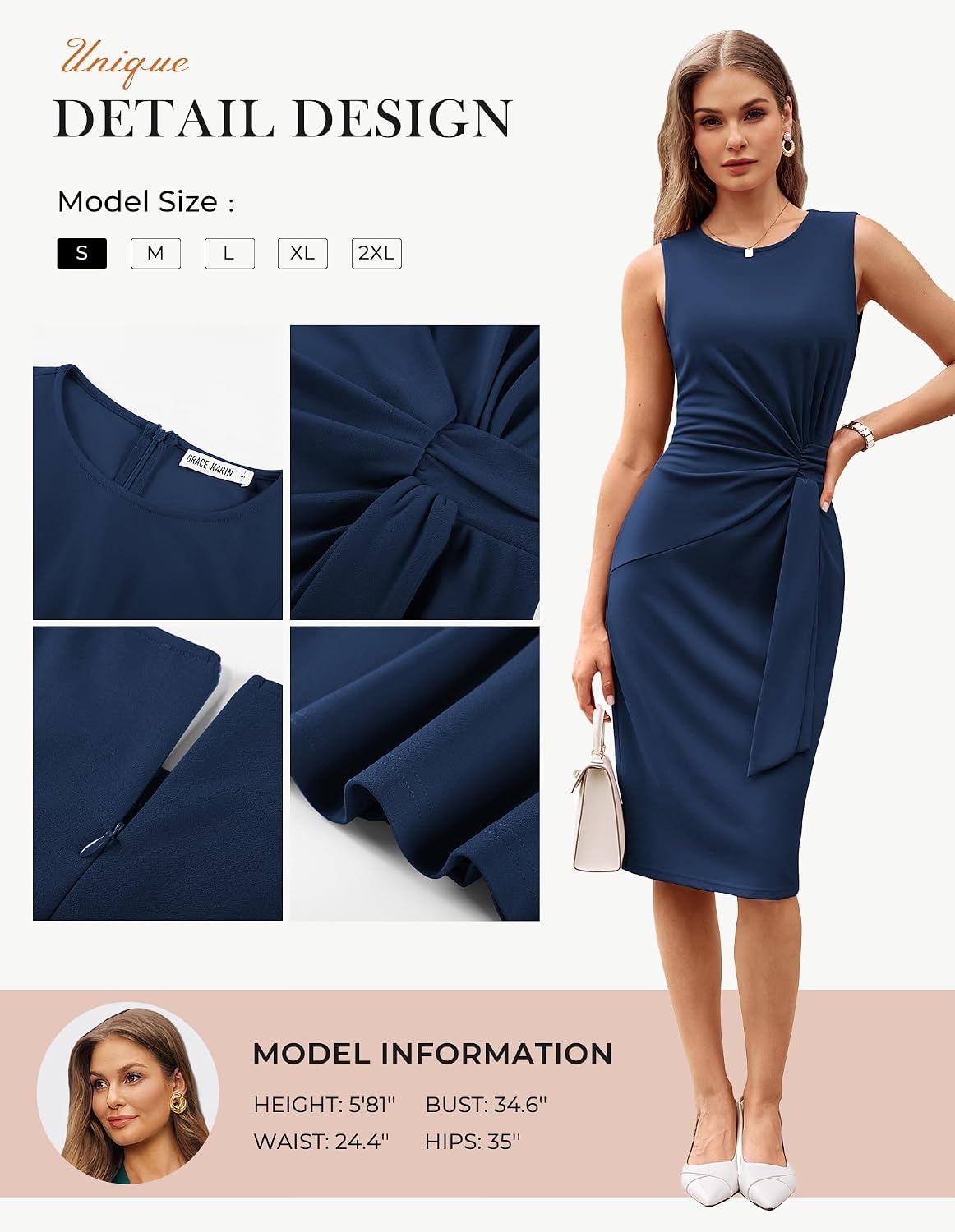image:imageGRACE KARIN Women Bodycon Work DressChurch Pencil Business DressesSleeveless Sheath Cocktail Dresses Knee LengthNavy Blue