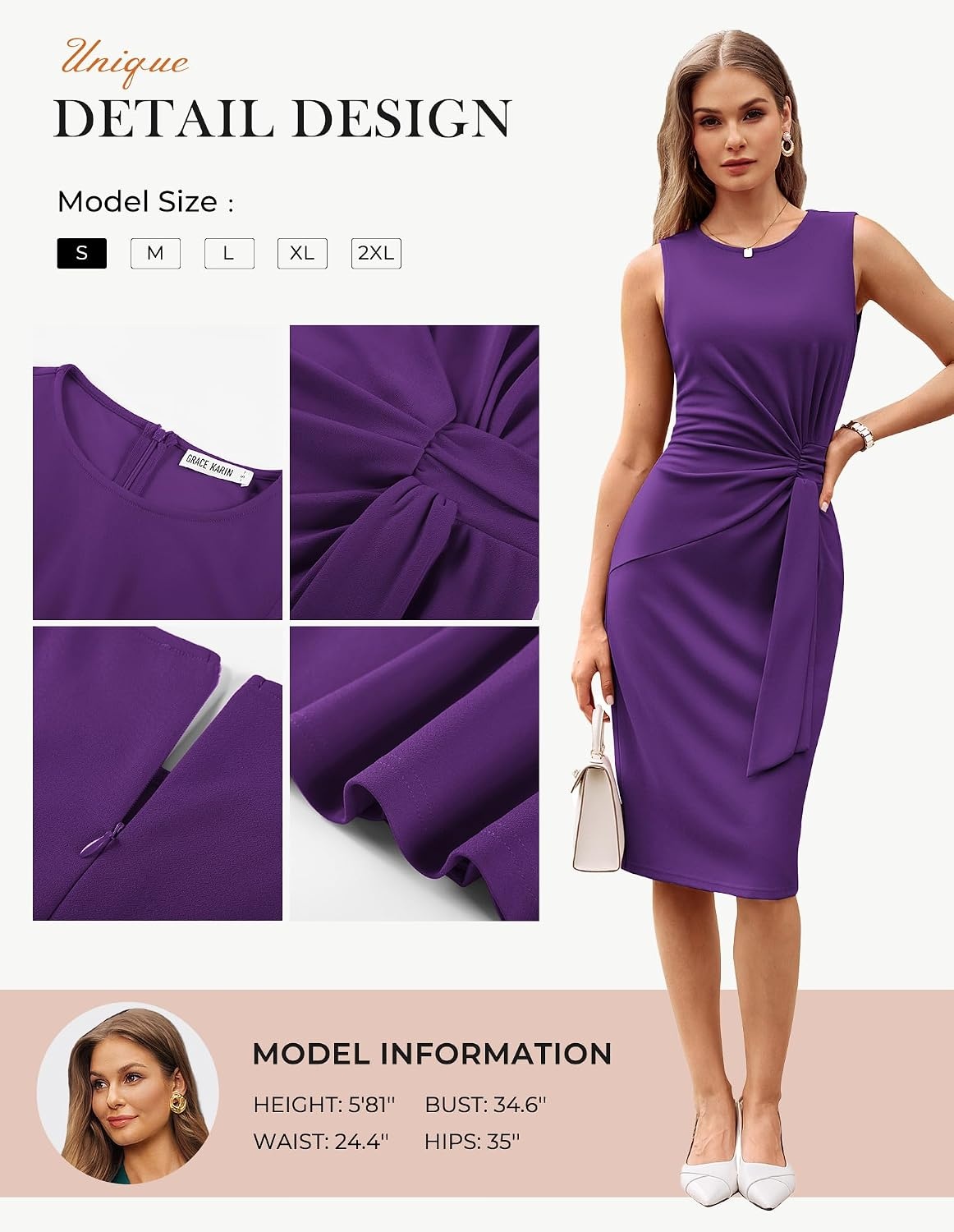 image:imageGRACE KARIN Women Bodycon Work DressChurch Pencil Business DressesSleeveless Sheath Cocktail Dresses Knee LengthPurple