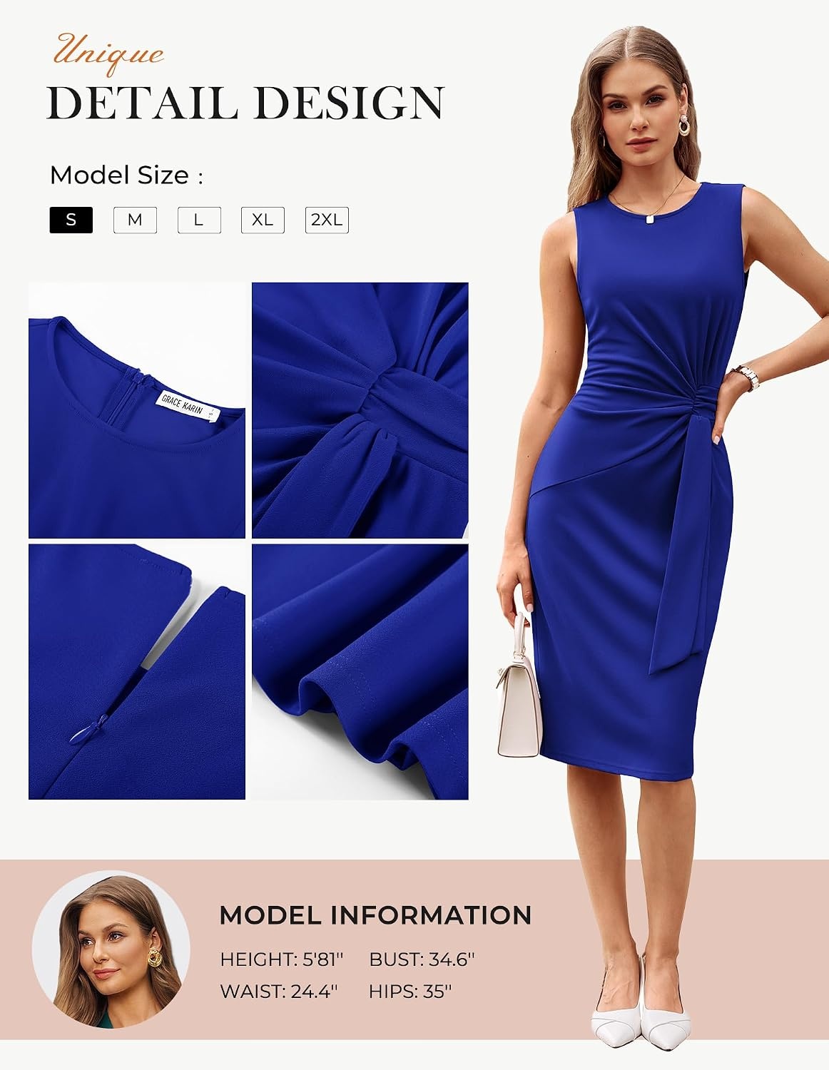 image:imageGRACE KARIN Women Bodycon Work DressChurch Pencil Business DressesSleeveless Sheath Cocktail Dresses Knee LengthRoyal Blue