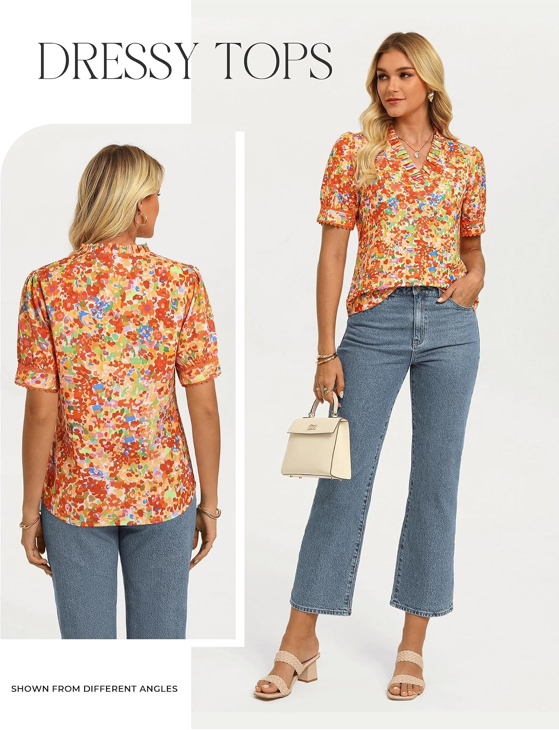 image:imageGRACE KARIN Women Boho Floral Tops Summer Puff Short Sleeve Dressy Casual Shirts 2026 Spring V Neck Vacation Work BlouseOrange