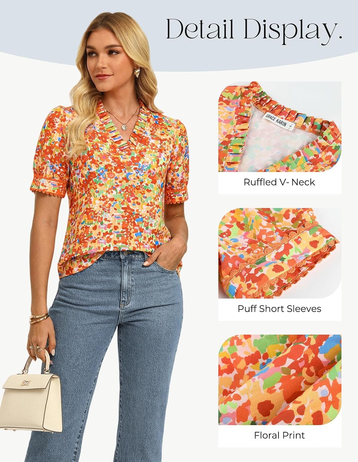 image:imageGRACE KARIN Women Boho Floral Tops Summer Puff Short Sleeve Dressy Casual Shirts 2026 Spring V Neck Vacation Work BlouseOrange