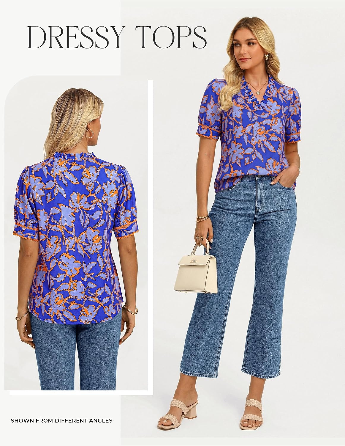image:imageGRACE KARIN Women Boho Floral Tops Summer Puff Short Sleeve Dressy Casual Shirts 2026 Spring V Neck Vacation Work BlouseOrange Blue