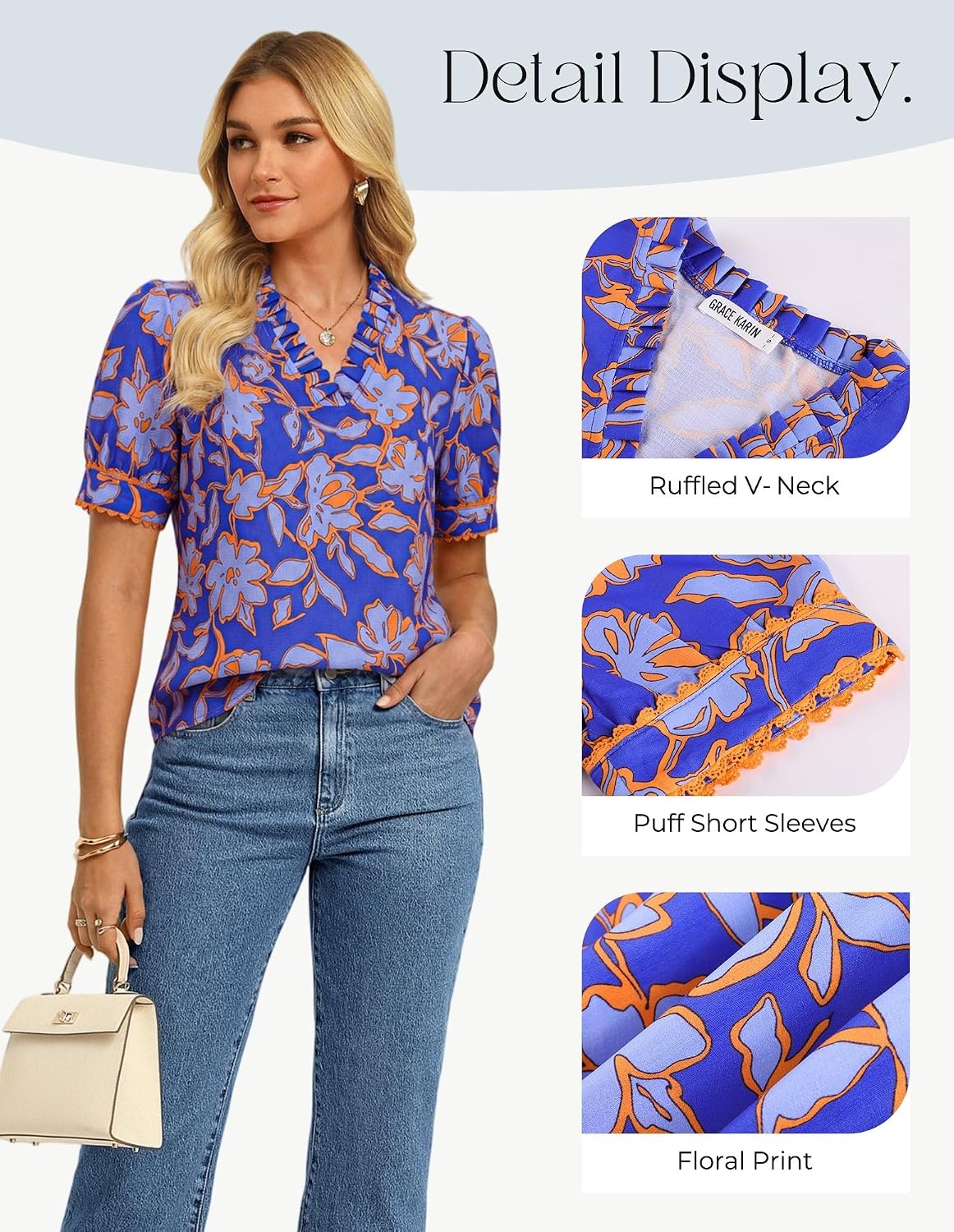 image:imageGRACE KARIN Women Boho Floral Tops Summer Puff Short Sleeve Dressy Casual Shirts 2026 Spring V Neck Vacation Work BlouseOrange Blue