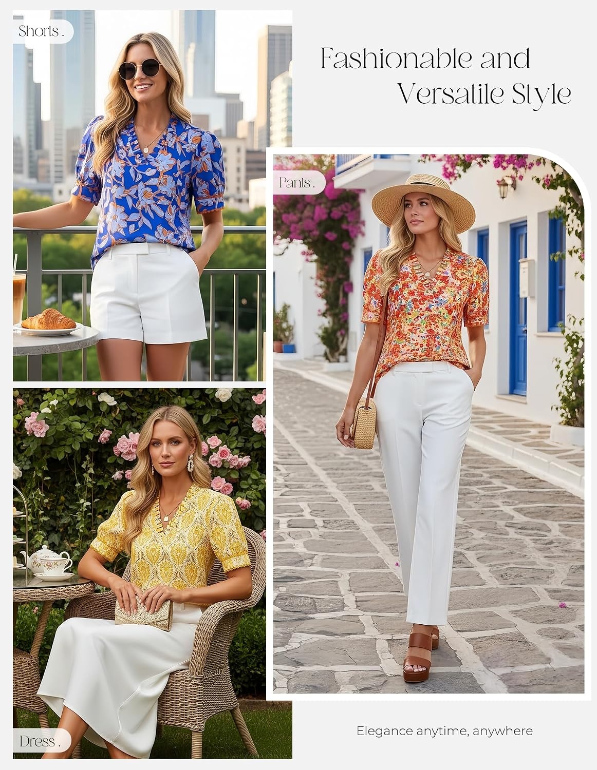 image:imageGRACE KARIN Women Boho Floral Tops Summer Puff Short Sleeve Dressy Casual Shirts 2026 Spring V Neck Vacation Work BlouseOrange Blue